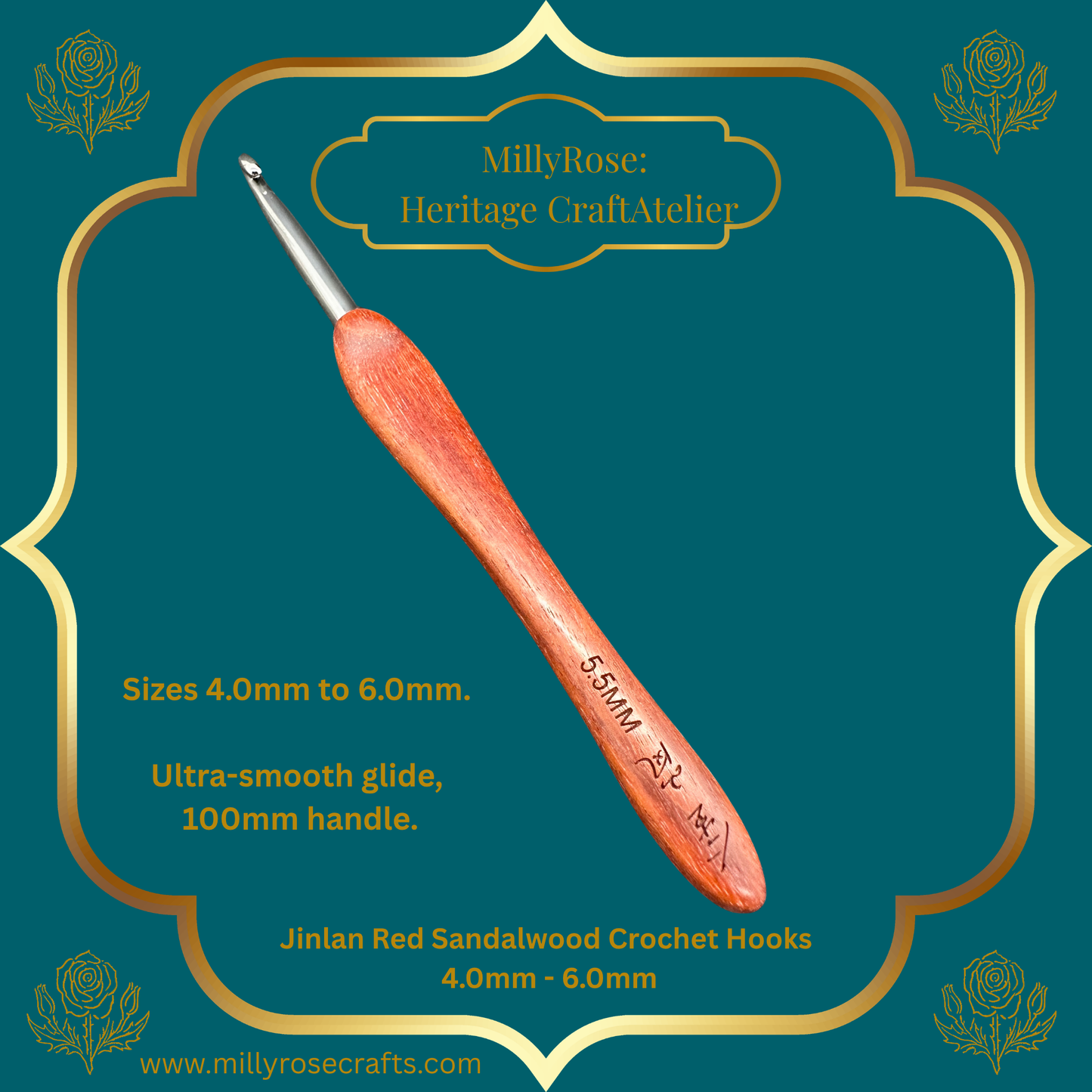 Jinlan Red Sandalwood Crochet Hook, Micro Crochet 4.0mm to 6.0mm High End Ergonomic Crochet Tool, Luxury Handcrafted Lace Hook, Heirloom Fiber Arts Gift, 100mm Handle