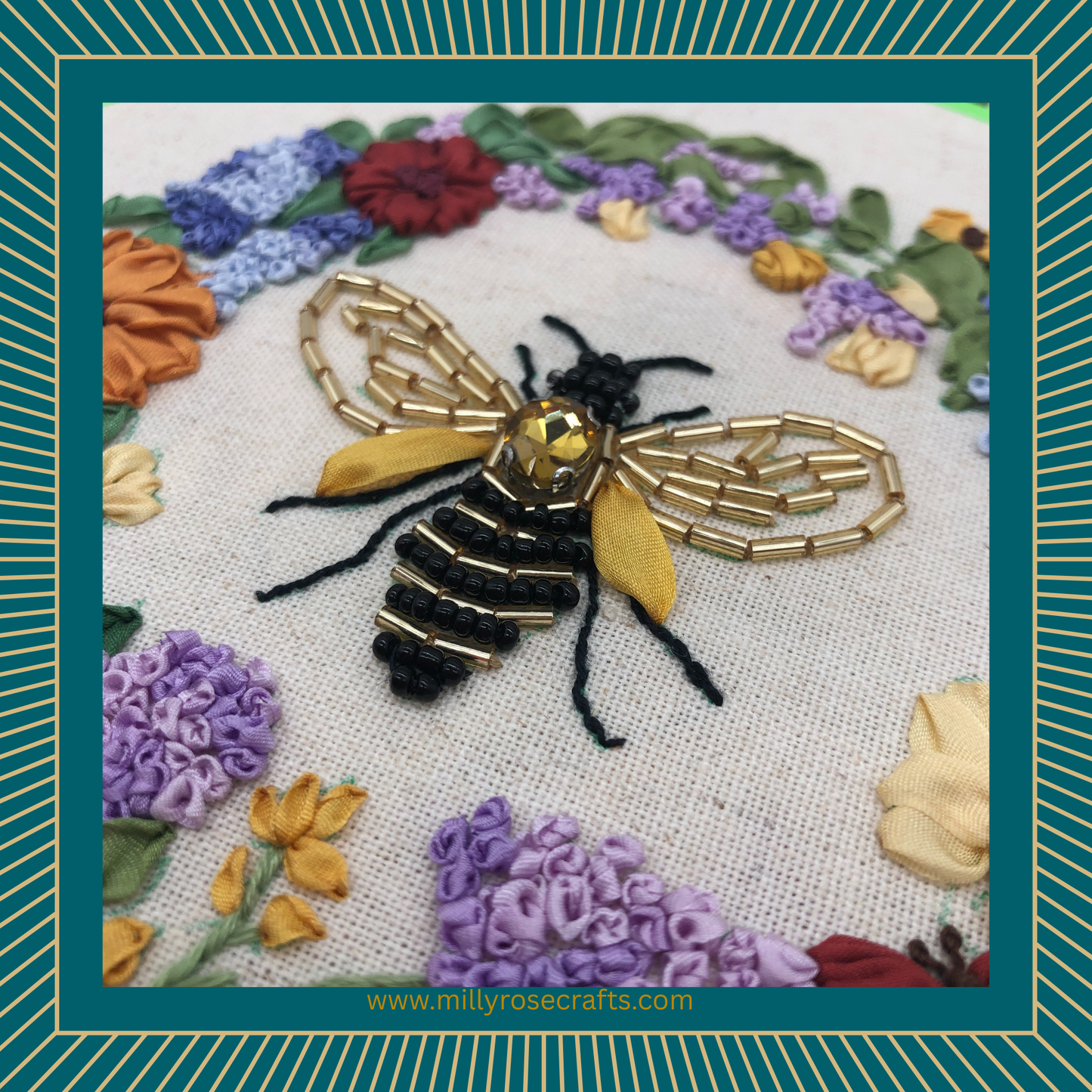 Beaded Bee & Mulberry Silk Ribbon Embroidery Kit | Heritage Craft Wreath Design by MillyRose