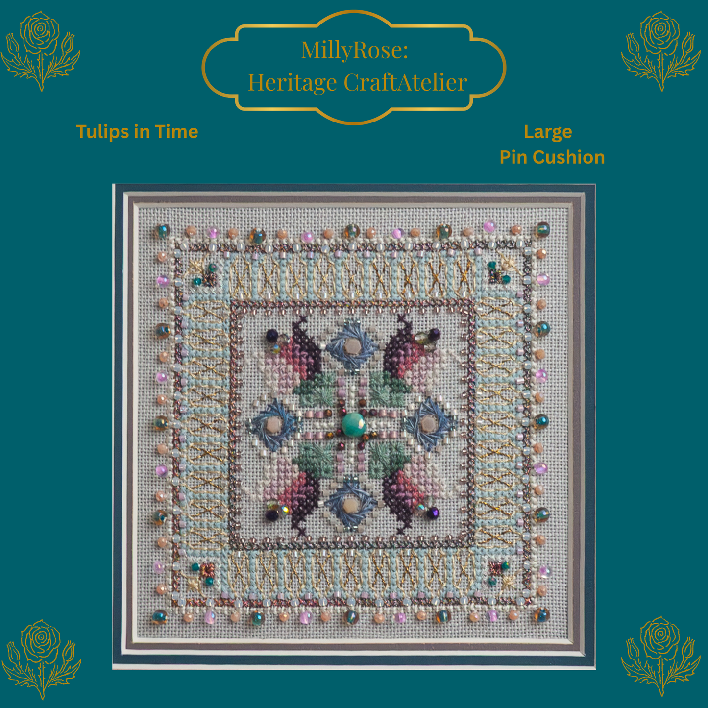 A beautiful three-dimensional stitched tulip pincushion showing detailed geometric beadwork, multi-tonal hand-dyed silk threads, and a decorative button center.