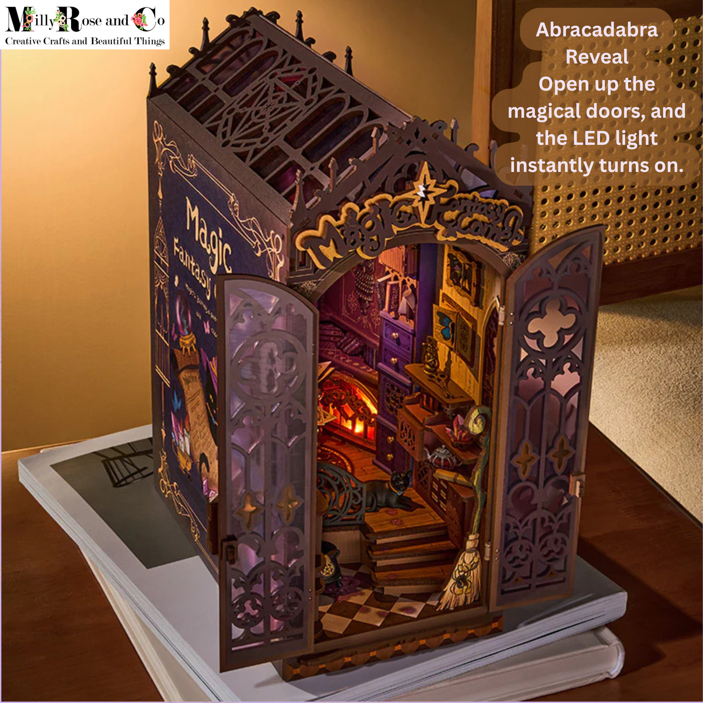 Rolife Magic Fantasy Corner Book Nook Kit Neo-Gothic Wizardry Bookshelf Insert Auto-On LED Light Desk Bookshelf Decoration 14+ Craft Gift