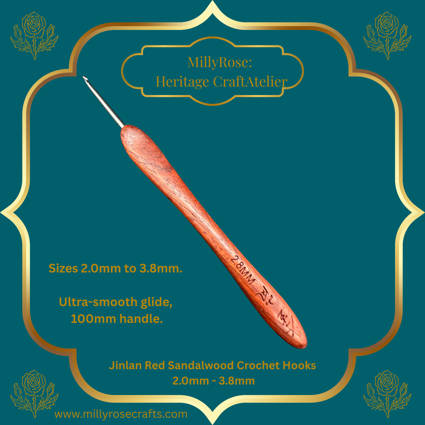 Jinlan Red Sandalwood Crochet Hook, Micro Crochet 2.0mm to 3.8mm High End Ergonomic Crochet Tool, Luxury Handcrafted Lace Hook, Heirloom Fiber Arts Gift, 100mm Handle