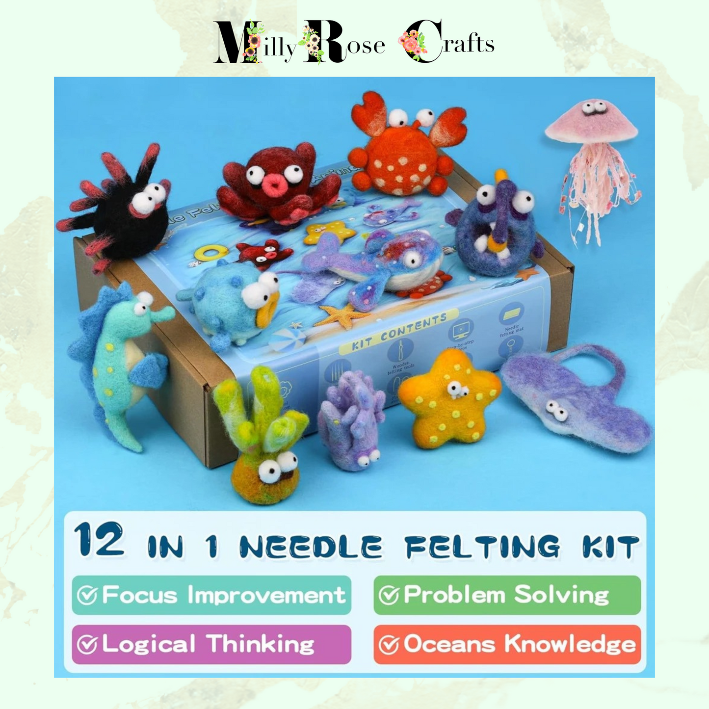 Sea Life Needle Felting Kit Beginners Adults, 12 Sea Animals Needle Felting Kit Wool Roving Felting Needles Wool Felting Pad Instructions