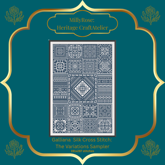 "The Variations Sampler" Luxury Cross Stitch Kit by Elaine Gallacher – Monochrome British Sampler with Premium Soie d'Alger Silk & Heritage Linen – Historische Stickmuster