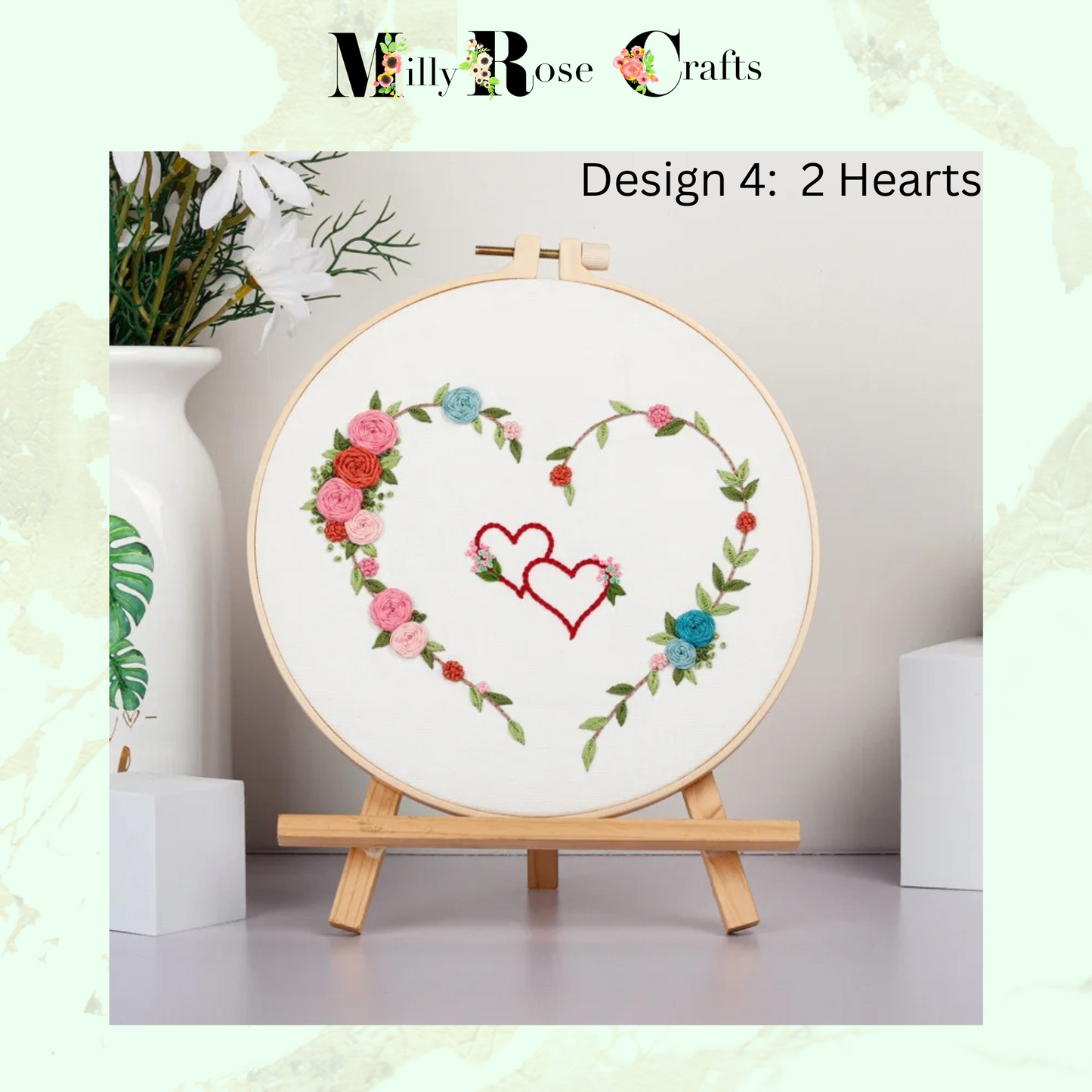 Flower Heart Embroidery Kit Adult Beginner Complete DIY Heart Shaped Stamped Embroidery Cross Stitch Pattern 20cm Hoop Valentines Craft Gift