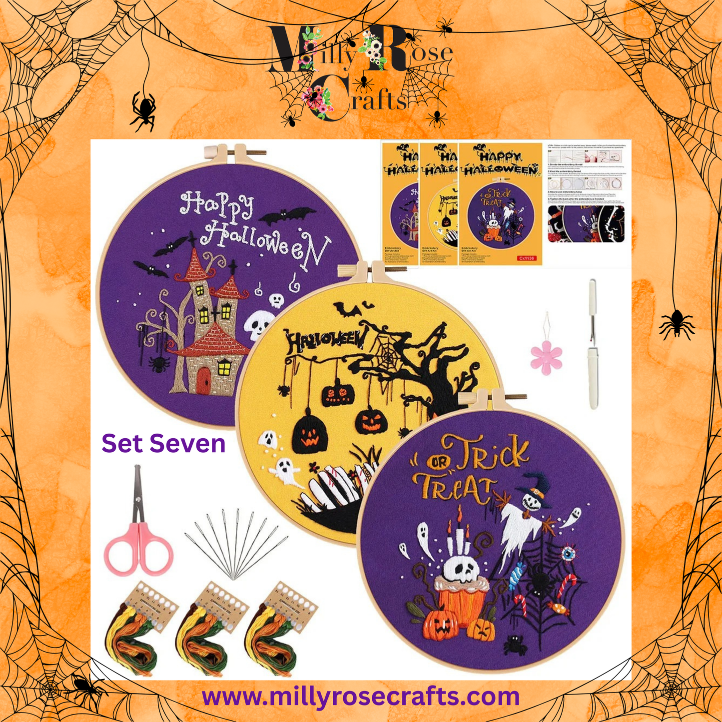 Halloween Embroidery Kits Set of 3 Witches pumpkins ghosts embroidery Kit Easy  Beginner Complete stamped cross stitch Kit Threads 3 Hoops