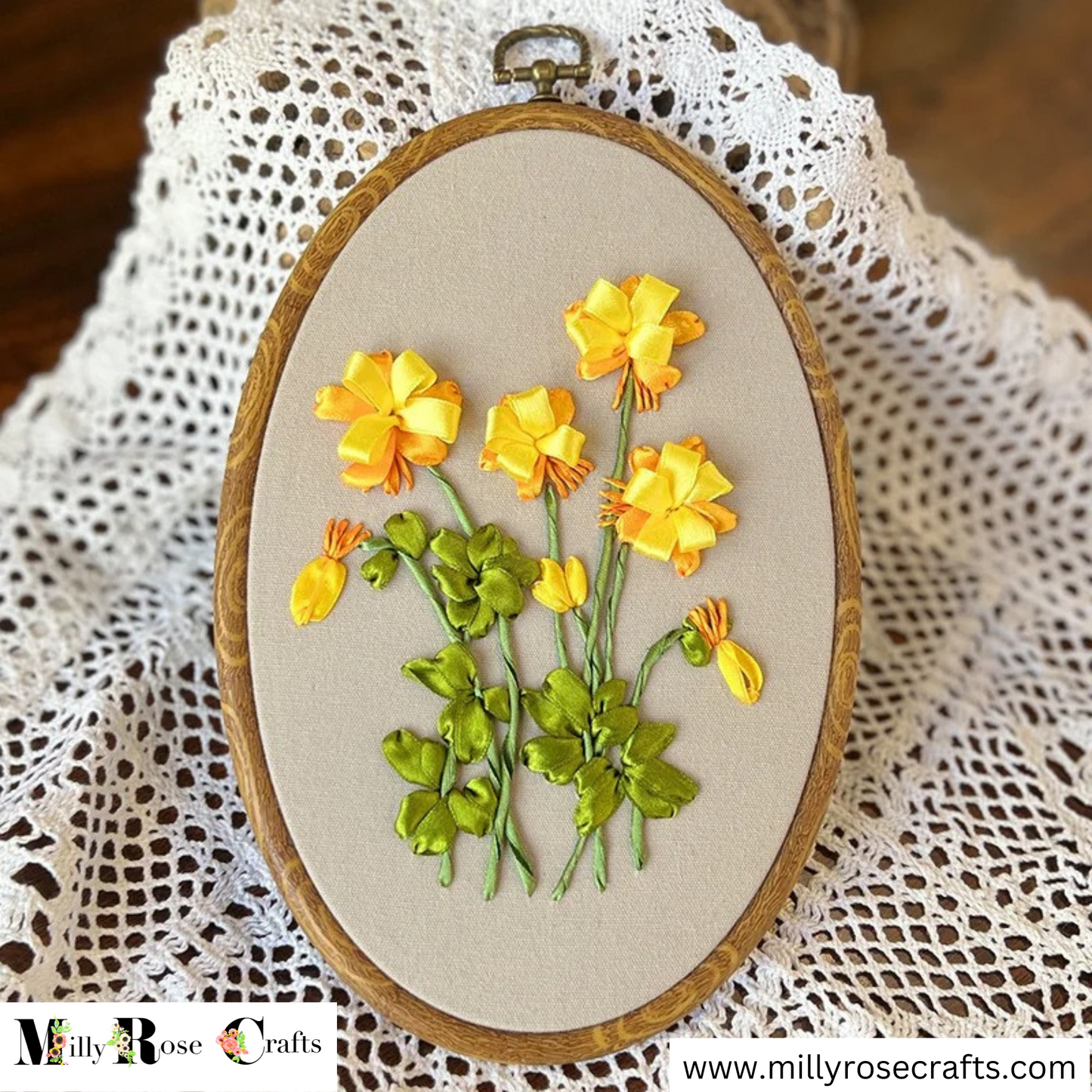 Silk Ribbon Embroidery Kit Oval Frames, Poppies Silk Ribbon Embroidery Alium Primula Buttercups Silk Ribbon Beginner Needlework Craft Adult