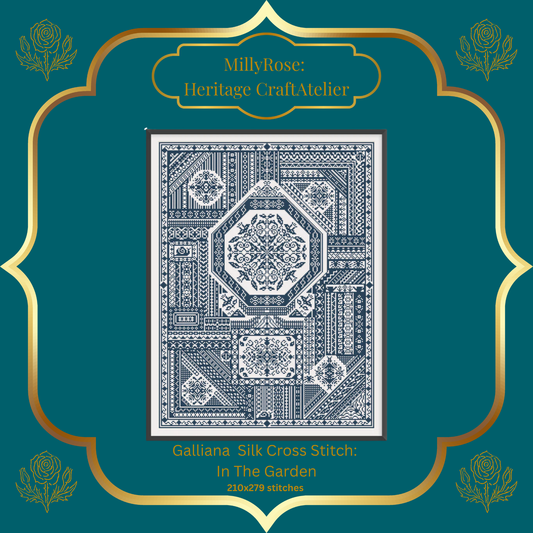 "In The Garden" Luxury Cross Stitch Kit by Elaine Gallacher – Monochrome British Sampler with Premium Soie d'Alger Silk & Heritage Linen – Historische Stickmuster