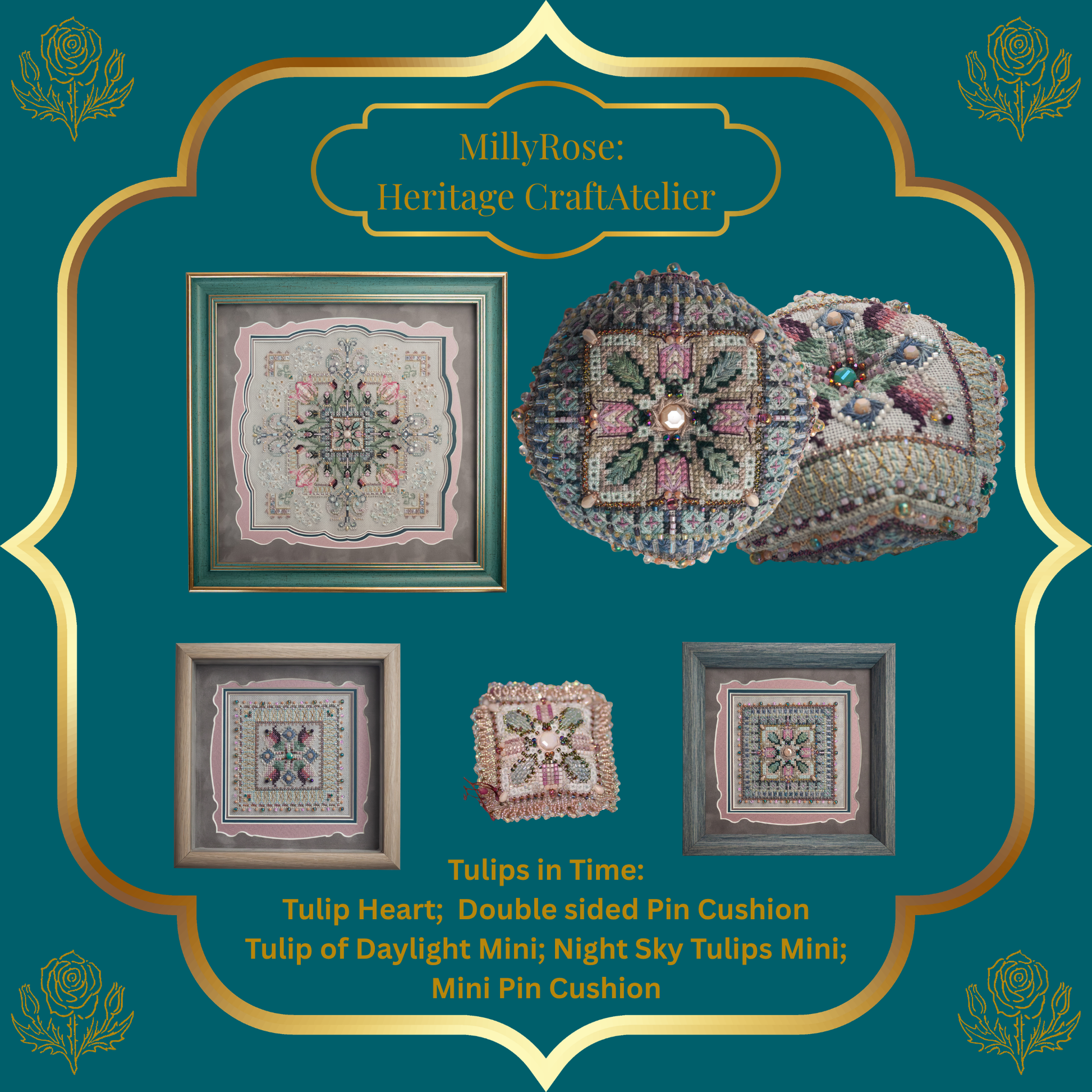 Collection of I-Make Tulips in Time  embroidered items with 'MillyRose Heritage Craft Atelier' branding on a teal background.