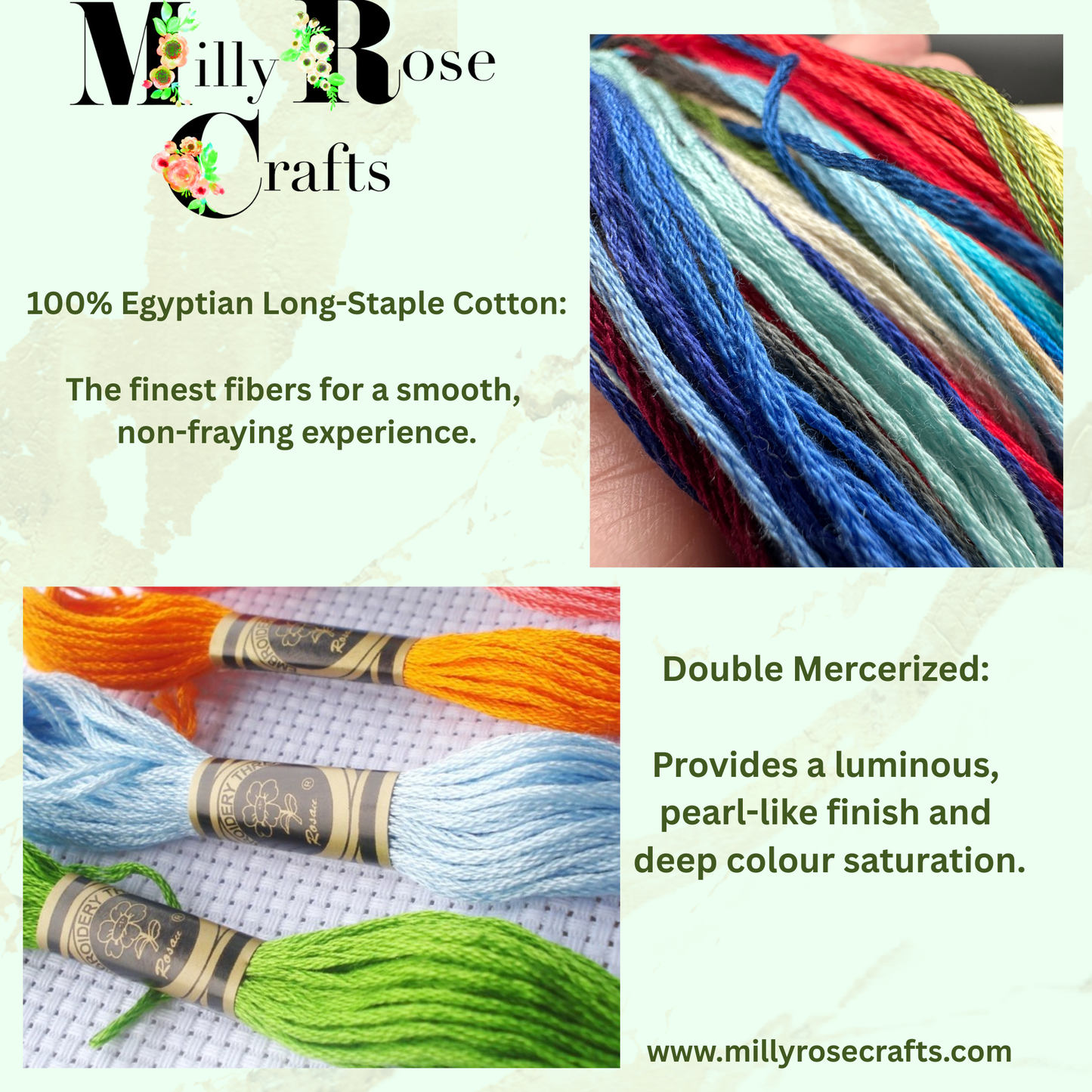 Collection of colorful Rosace Professional Egyptian Cotton Embroidery Floss skeins for artisan needlework.