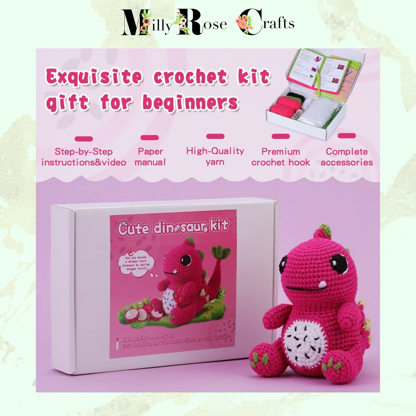 Pink Dinosaur Crochet Kit, Amigurumi Dragon Crochet Kit Beginner Knitting Kit Craft Gift Idea