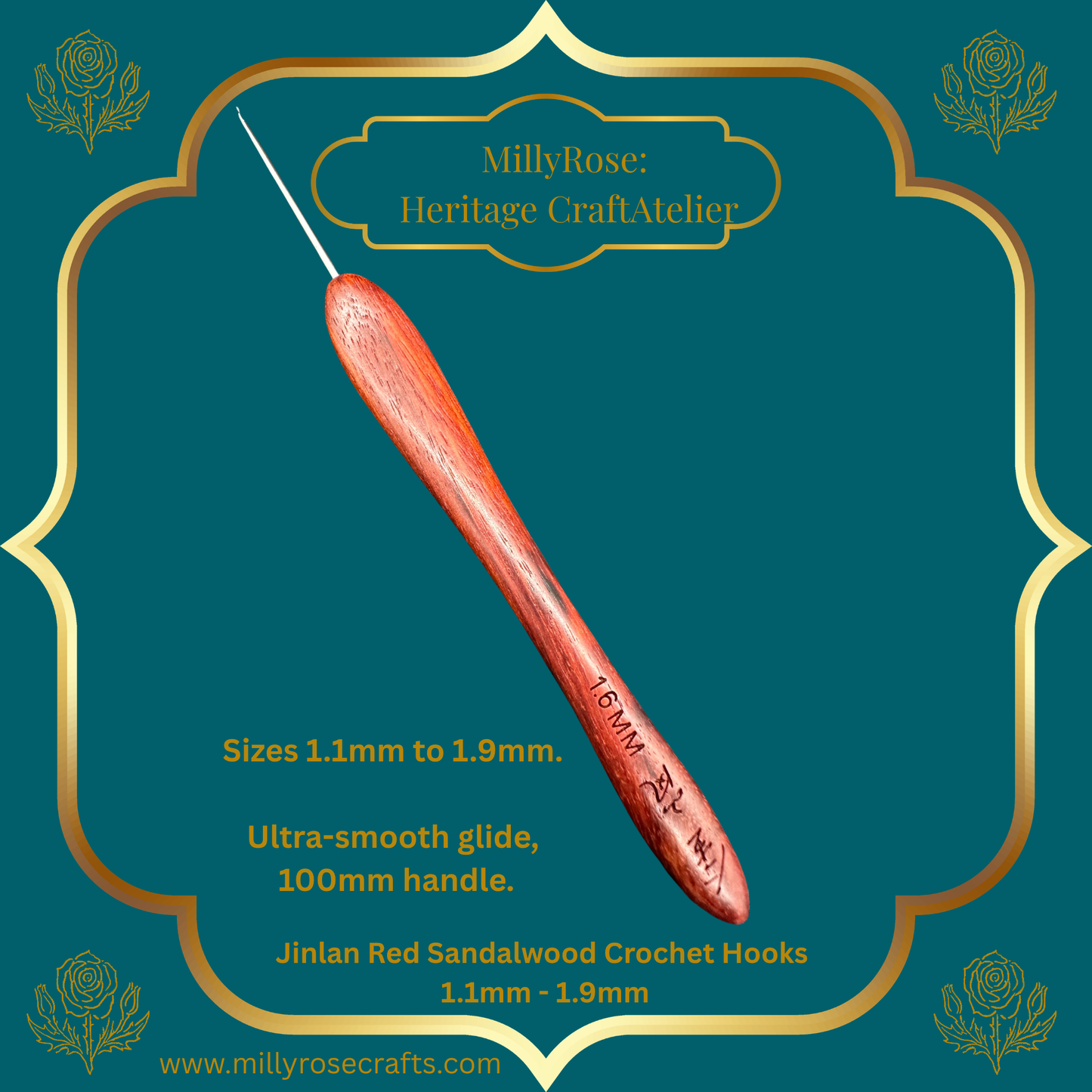 Jinlan Red Sandalwood Crochet Hook, Micro Crochet 1.1mm to 1.9mm High End Ergonomic Crochet Tool, Luxury Handcrafted Lace Hook, Heirloom Fiber Arts Gift, 100mm Handle