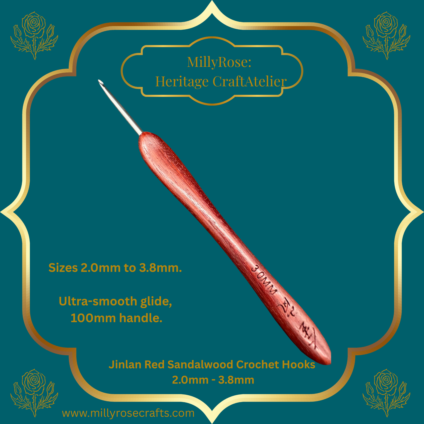 Jinlan Red Sandalwood Crochet Hook, Micro Crochet 2.0mm to 3.8mm High End Ergonomic Crochet Tool, Luxury Handcrafted Lace Hook, Heirloom Fiber Arts Gift, 100mm Handle