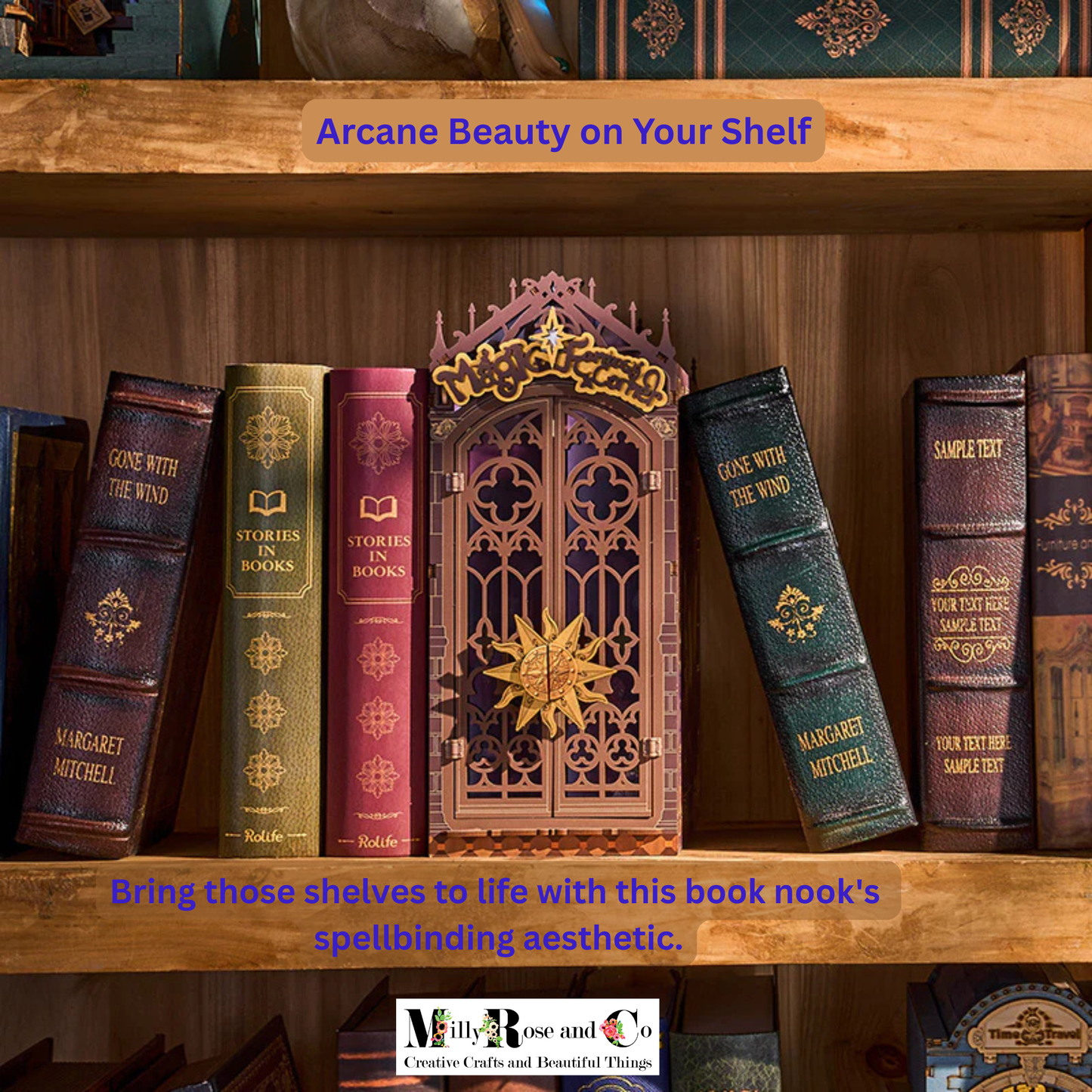 Rolife Magic Fantasy Corner Book Nook Kit Neo-Gothic Wizardry Bookshelf Insert Auto-On LED Light Desk Bookshelf Decoration 14+ Craft Gift