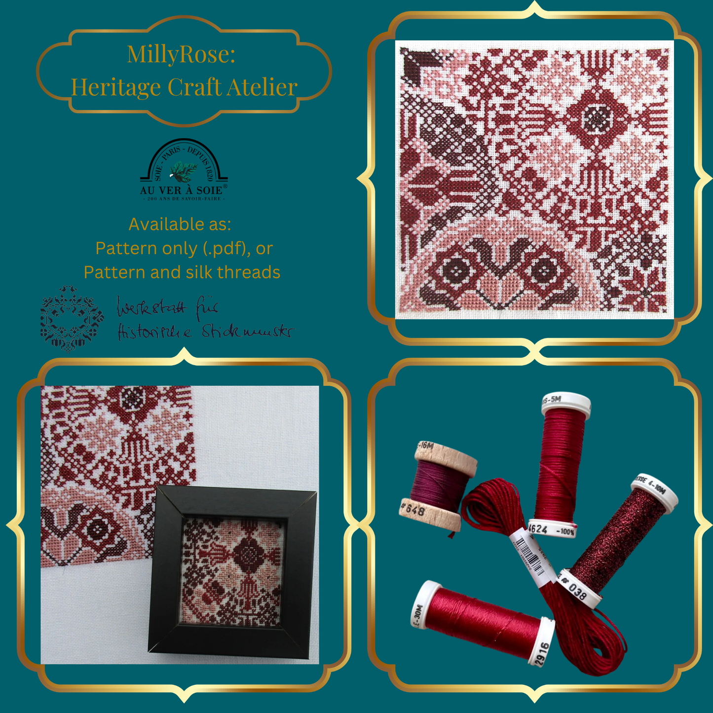 Historische Stickmuster Explorer Silk Cross Stitch Kit  Au Ver à Soie Fushia Burgundy Prune  Discovery Pack Sampler