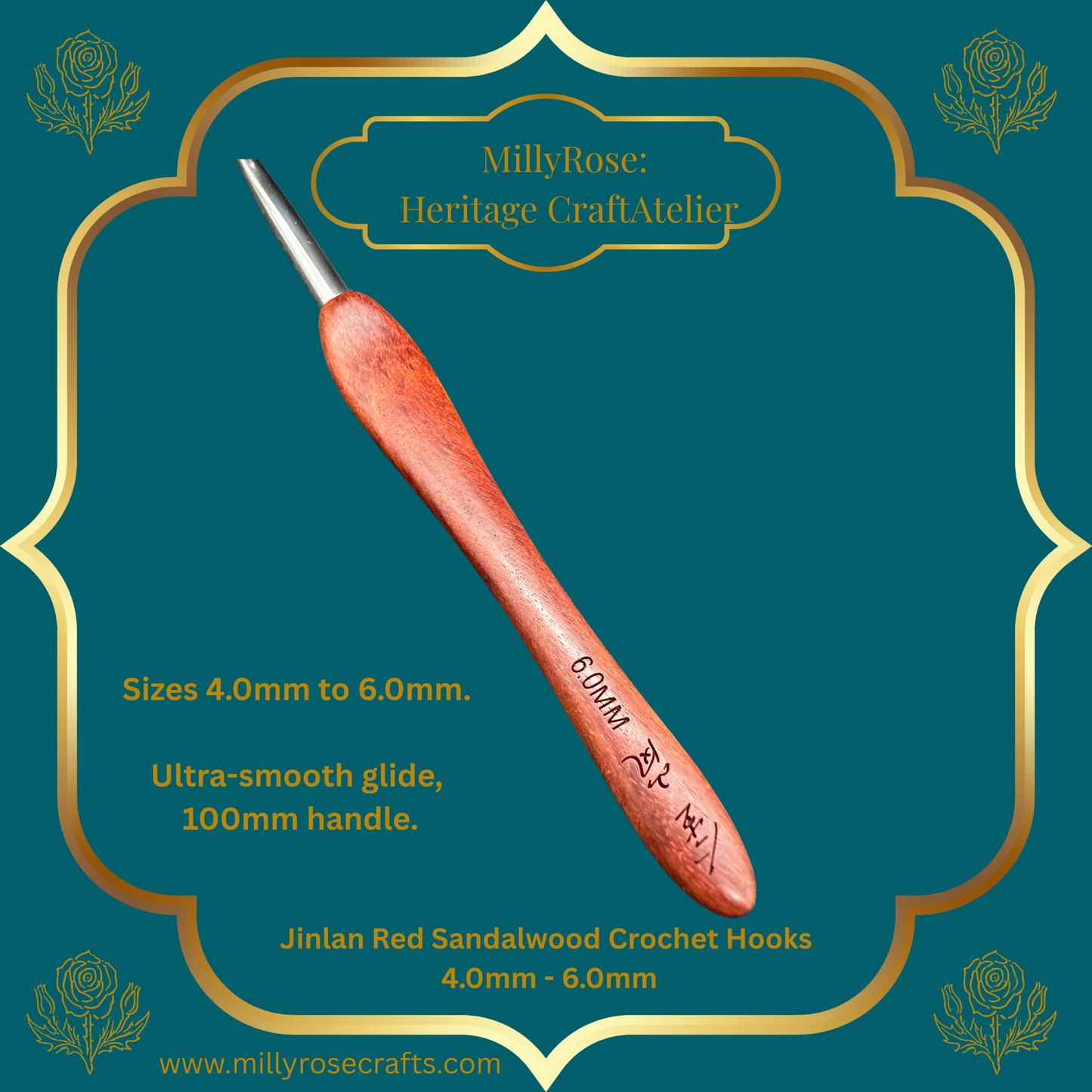 Jinlan Red Sandalwood Crochet Hook, Micro Crochet 4.0mm to 6.0mm High End Ergonomic Crochet Tool, Luxury Handcrafted Lace Hook, Heirloom Fiber Arts Gift, 100mm Handle