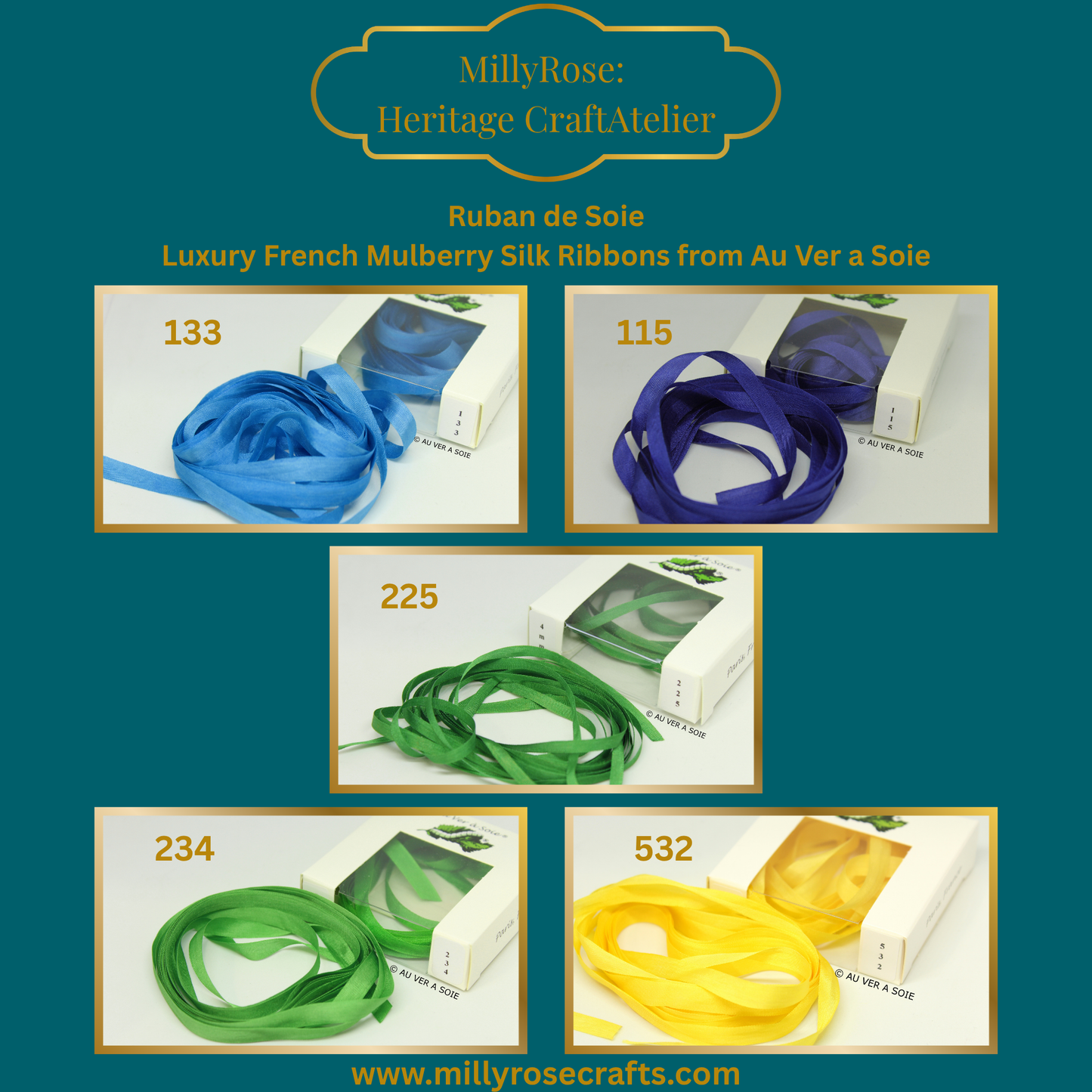 Au Ver à Soie – 4mm 7mm Mulberry Silk Ribbon Blue Green The Continental Collection