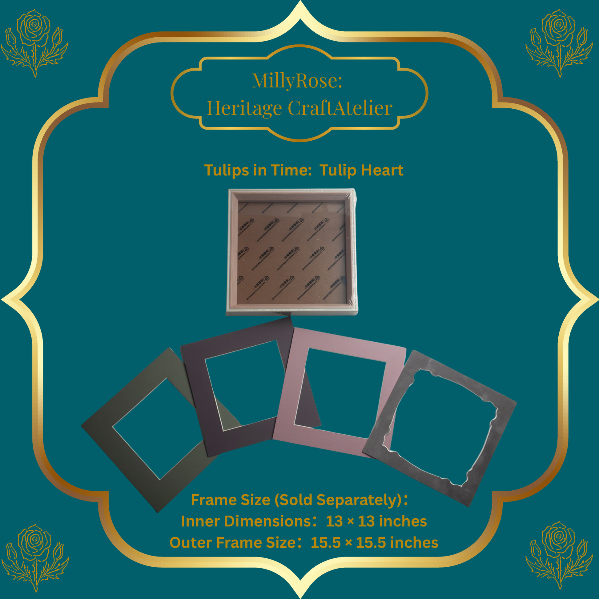 Product packaging for MillyRose Heritage Craft Atelier with decorative frames on a teal background.