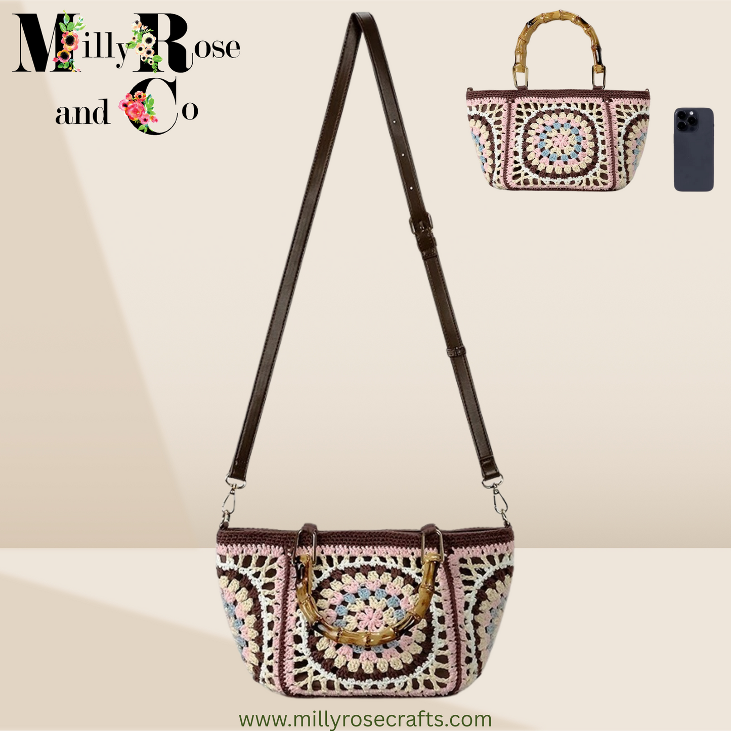 Bohemian Crochet  Granny Square Hand Bag Small Tote with Bamboo Handle Hand-Woven  Shoulder Bag Ideal Gift