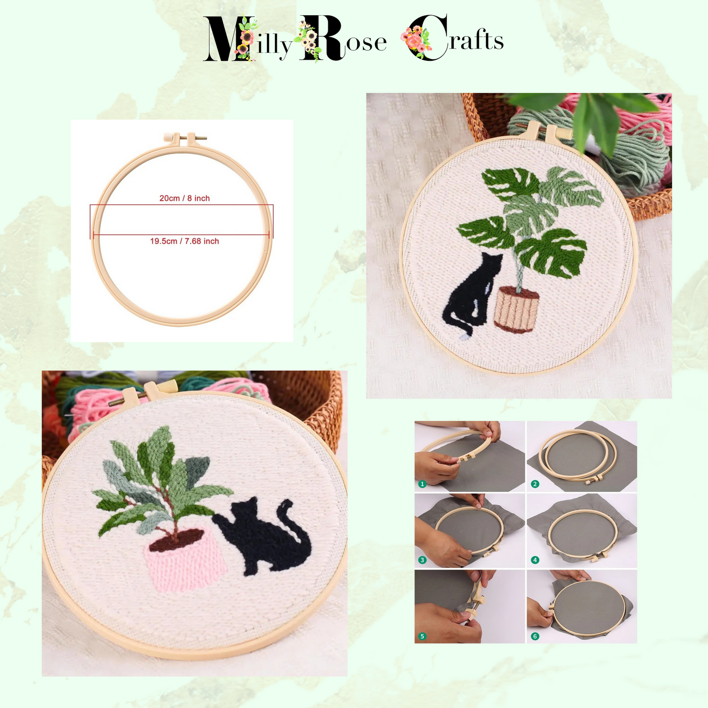 Black Cat Punch Needle Kit Beginner Adult Cat and Plant Punch Needle Embroidery Kit 20cm Hoop Complete DIY Craft Kit Gift Idea