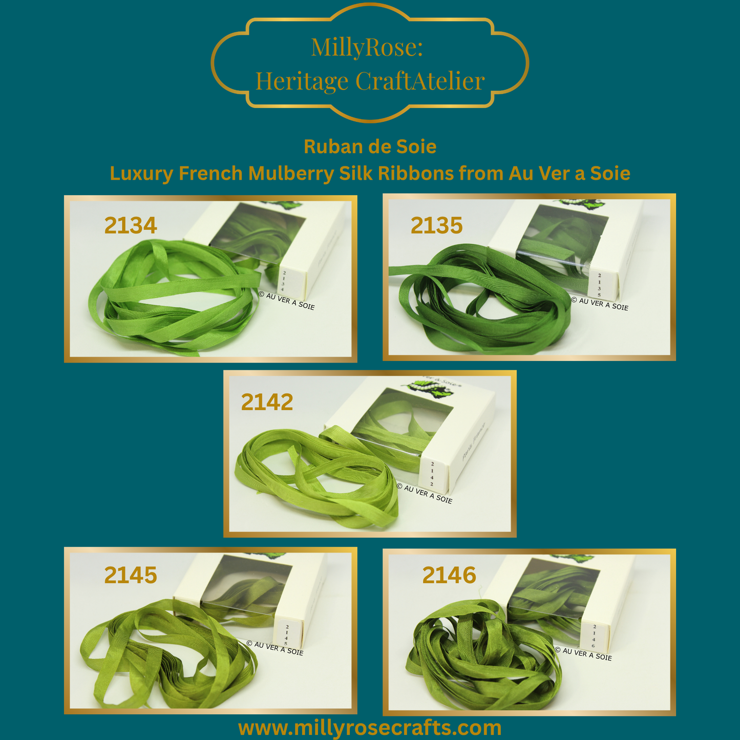 Au Ver à Soie 4mm 7mm mulberry silk ribbon color 2134, 2135, 2142, 2145, 2146 official swatch