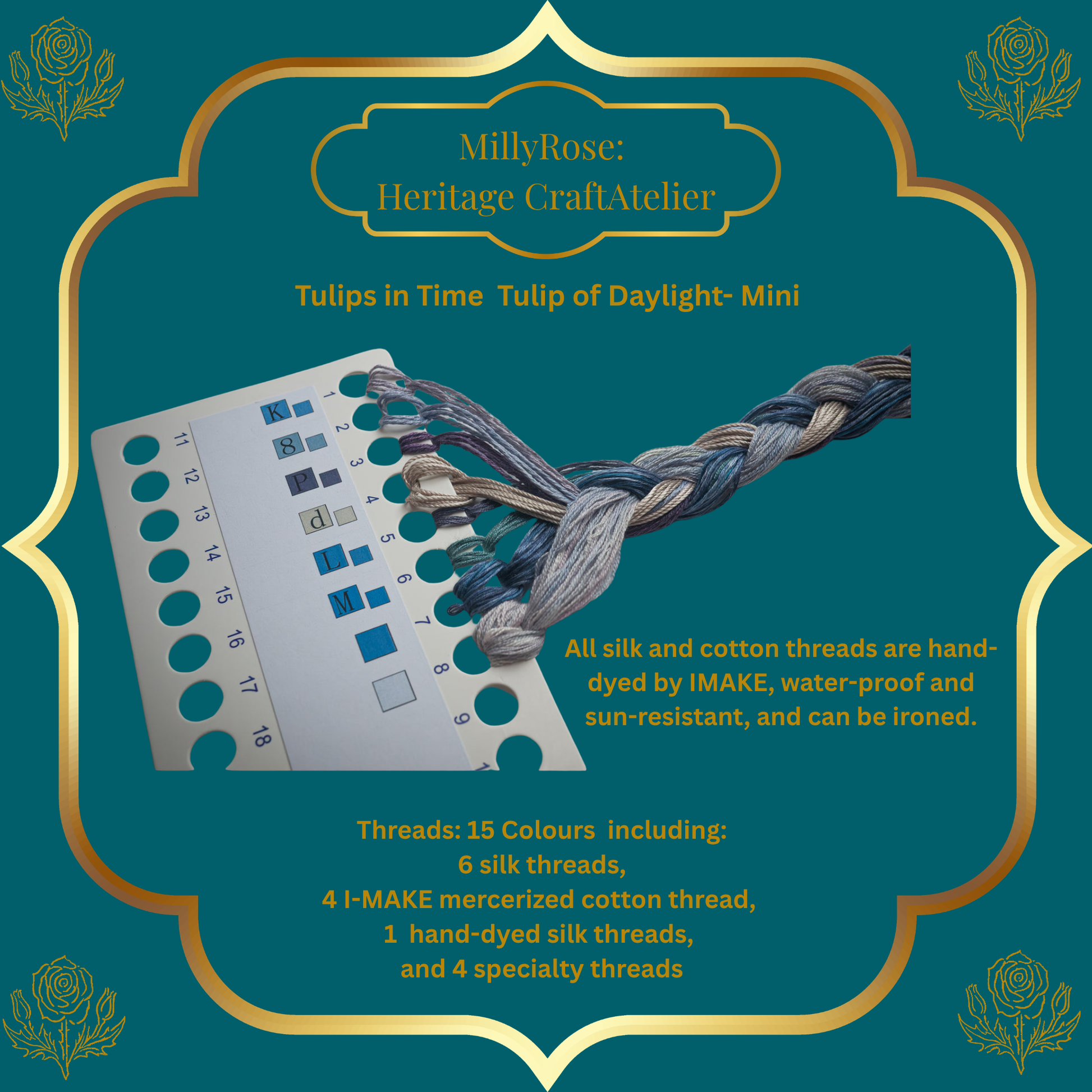 Product packaging for 'Tulips in Time Tulip of Daylight Mini' by MillyRose Heritage Craft Atelier with thread display and description text.