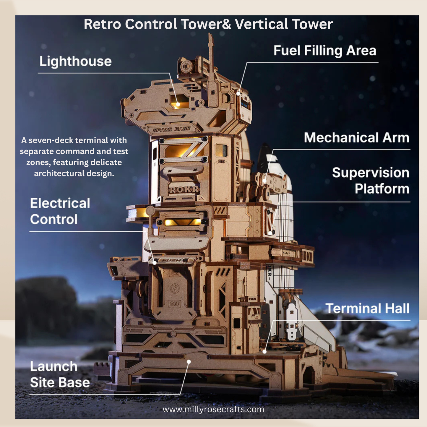 ROKR Space Shuttle 3D Wooden Puzzle Moving Rocket Launch Tower with Lights Mechanical Building STEM Project for Adults Teens Perfect Gift