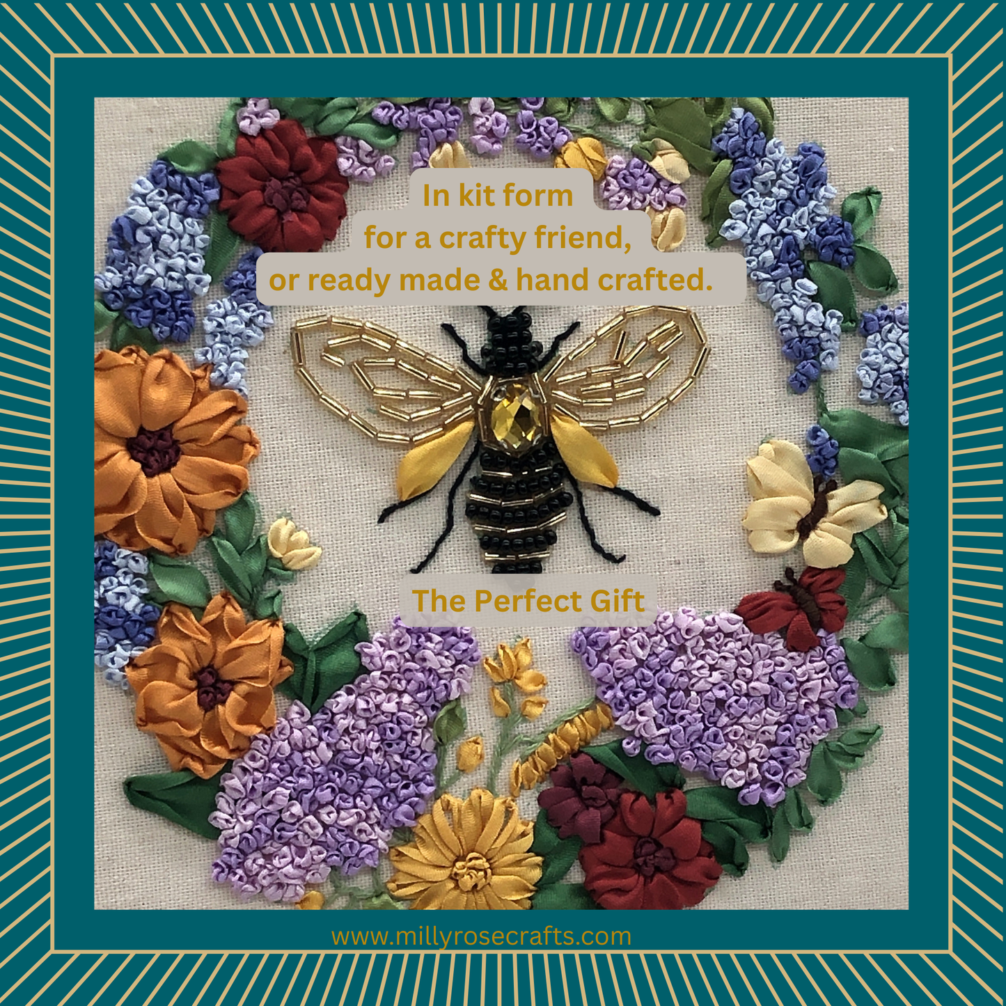 Beaded Bee & Mulberry Silk Ribbon Embroidery Kit | Heritage Craft Wreath Design by MillyRose