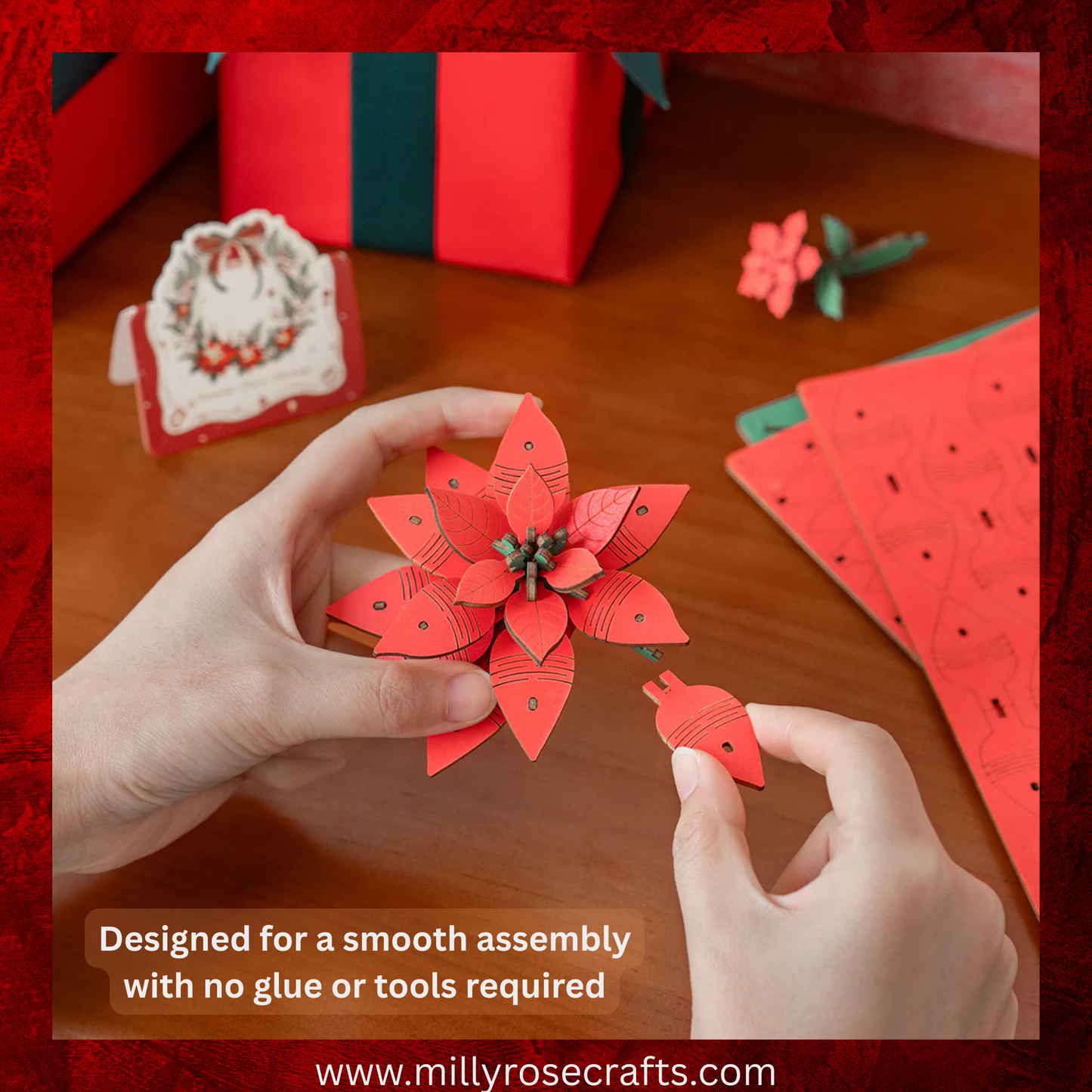 Rowood Christmas Poinsettia Flower Kit Robotime 3D Puzzle DIY Wooden Flower Craft Kit Christmas Table Décor Wooden Craft Gift Toy Gift Kit