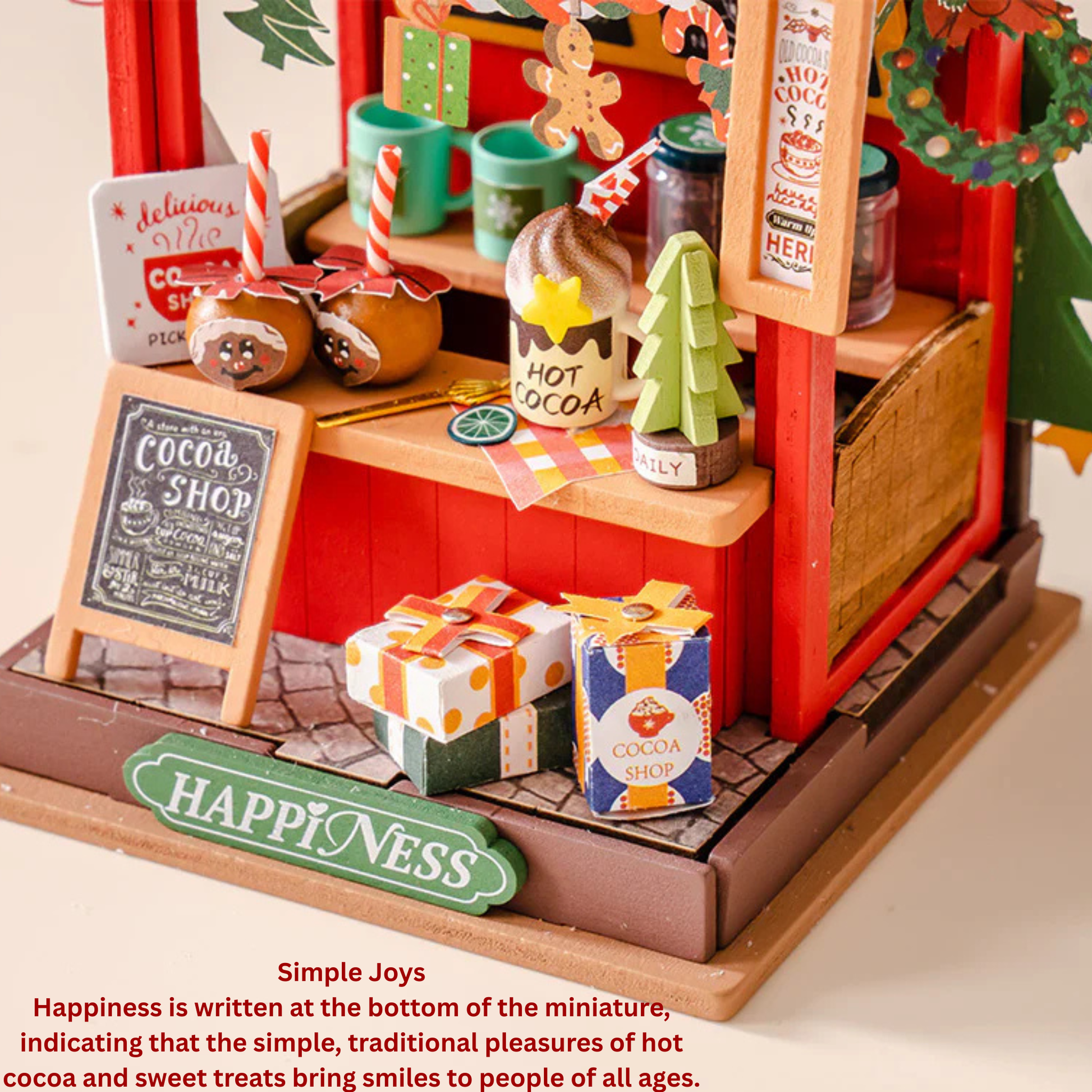 Miniature cocoa shop with various items and a sign indicating 'Happiness'.