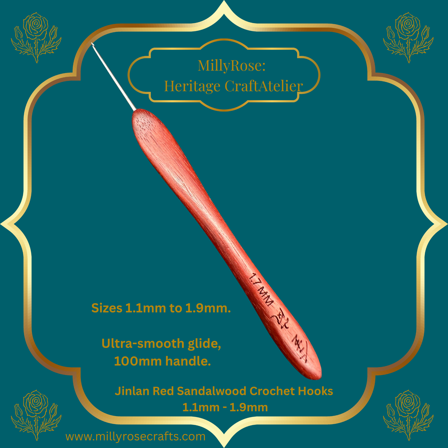 Jinlan Red Sandalwood Crochet Hook, Micro Crochet 1.1mm to 1.9mm High End Ergonomic Crochet Tool, Luxury Handcrafted Lace Hook, Heirloom Fiber Arts Gift, 100mm Handle
