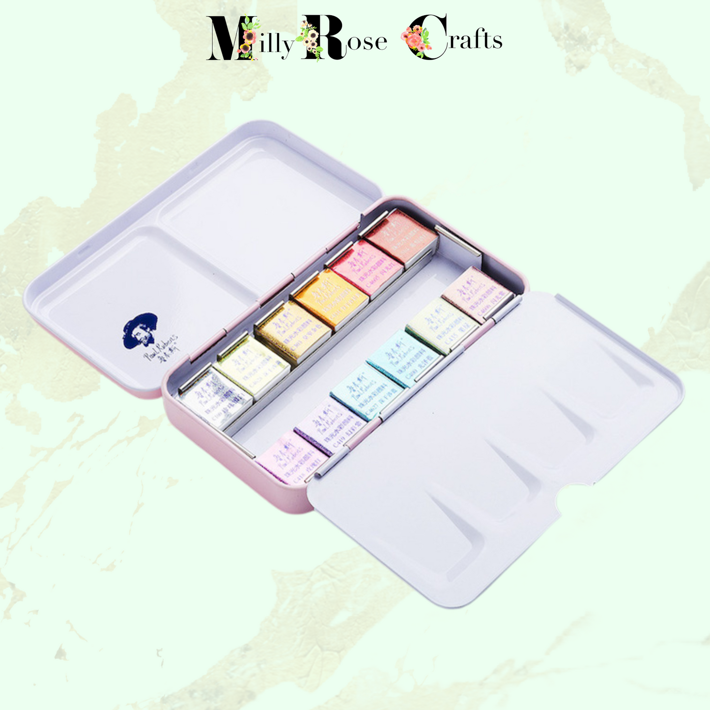 Paul Rubens Pearlescent Paint Set 12 Solid Watercolour Paints Artist Grade High Transparency Portable Pink Metal Box with Palette Flash