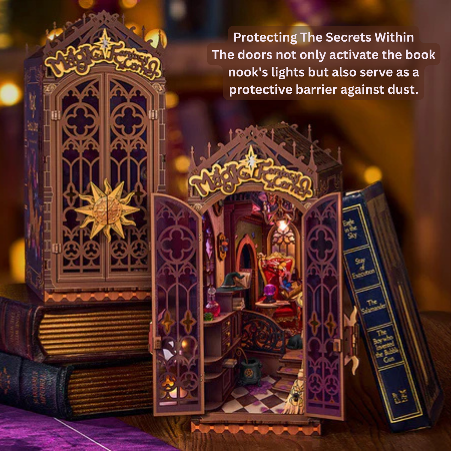 Rolife Magic Fantasy Corner Book Nook Kit Neo-Gothic Wizardry Bookshelf Insert Auto-On LED Light Desk Bookshelf Decoration 14+ Craft Gift