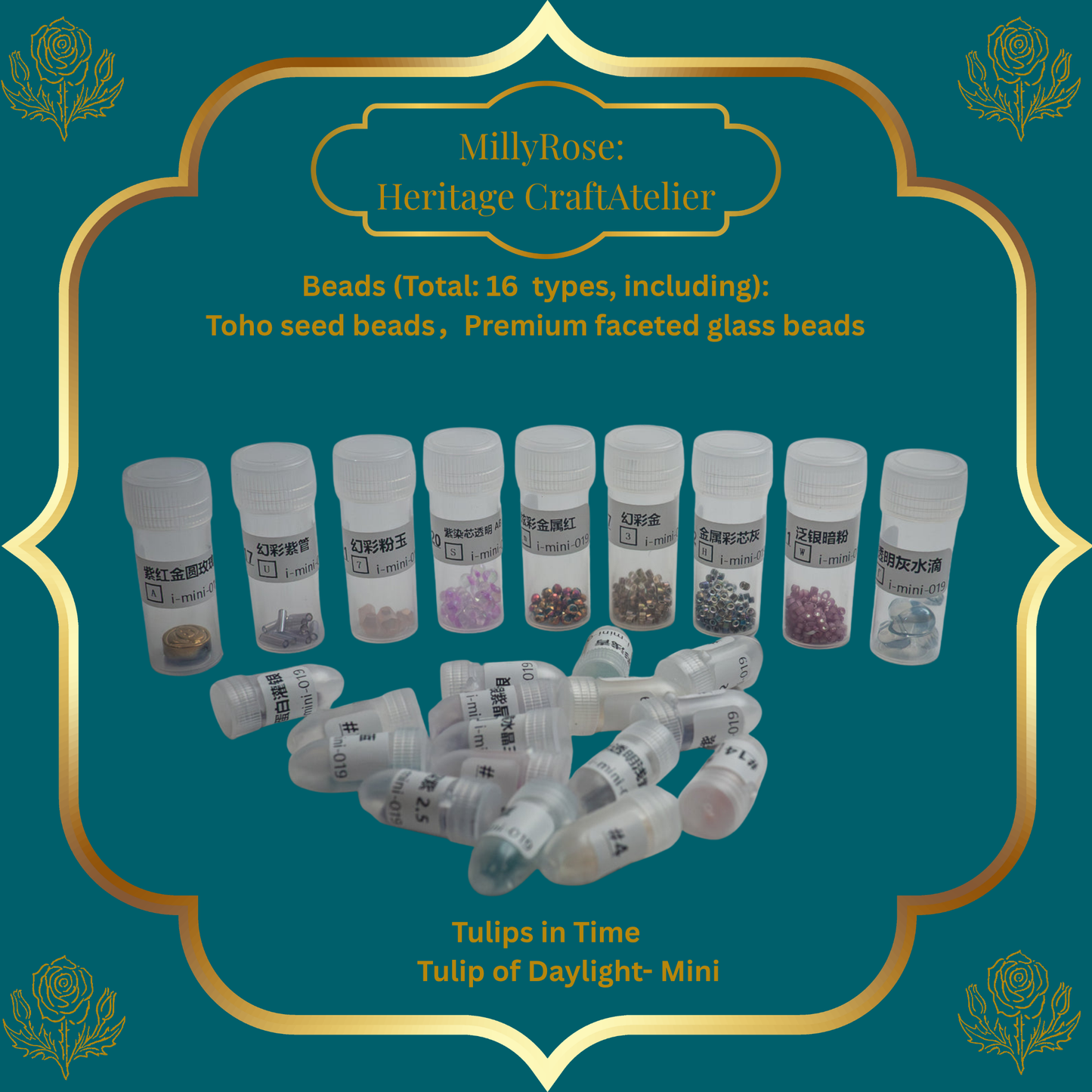 Tulip of Daylight Mini embroidery Beads in small bottles on a teal background with gold decorative elements and text about MillyRose Heritage Craft Atelier.
