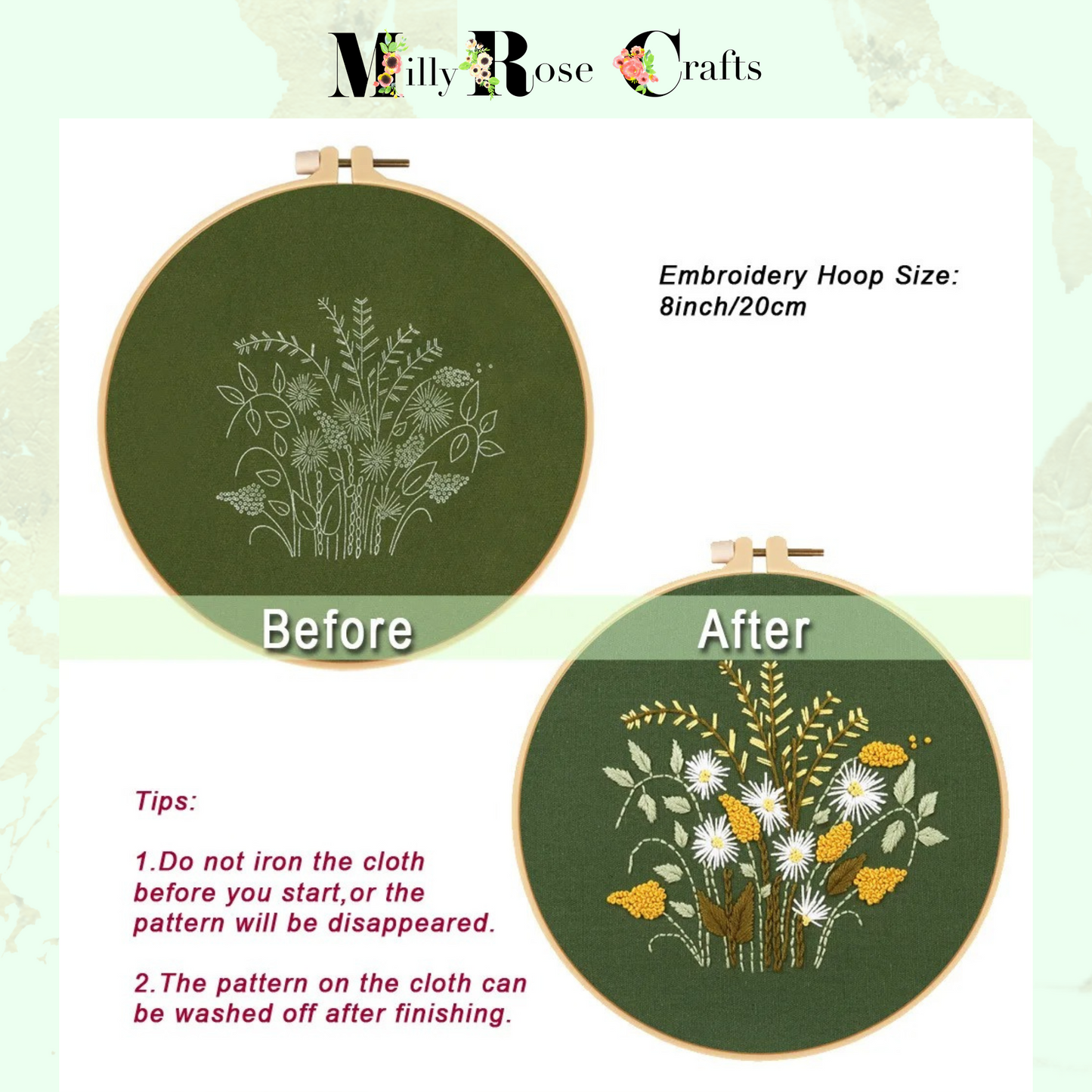 Meadow Flower Embroidery Kits Dandelion Clock DIY Daisy Embroidery kit,20cm hoop and pre-printed cloth, Great craft gift idea