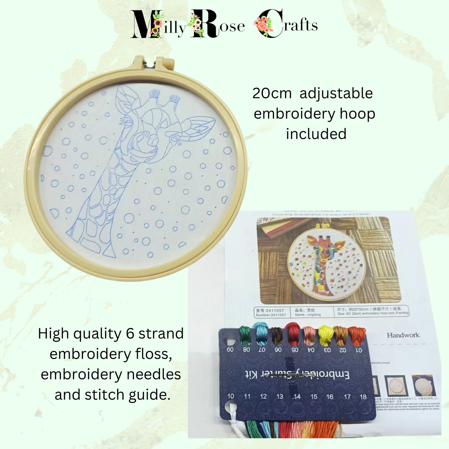 Giraffe Embroidery Kit Adult Beginner Colourful Giraffe Embroidery Cross Stitch Complete Kit 20cm Hoop Craft Gift Idea