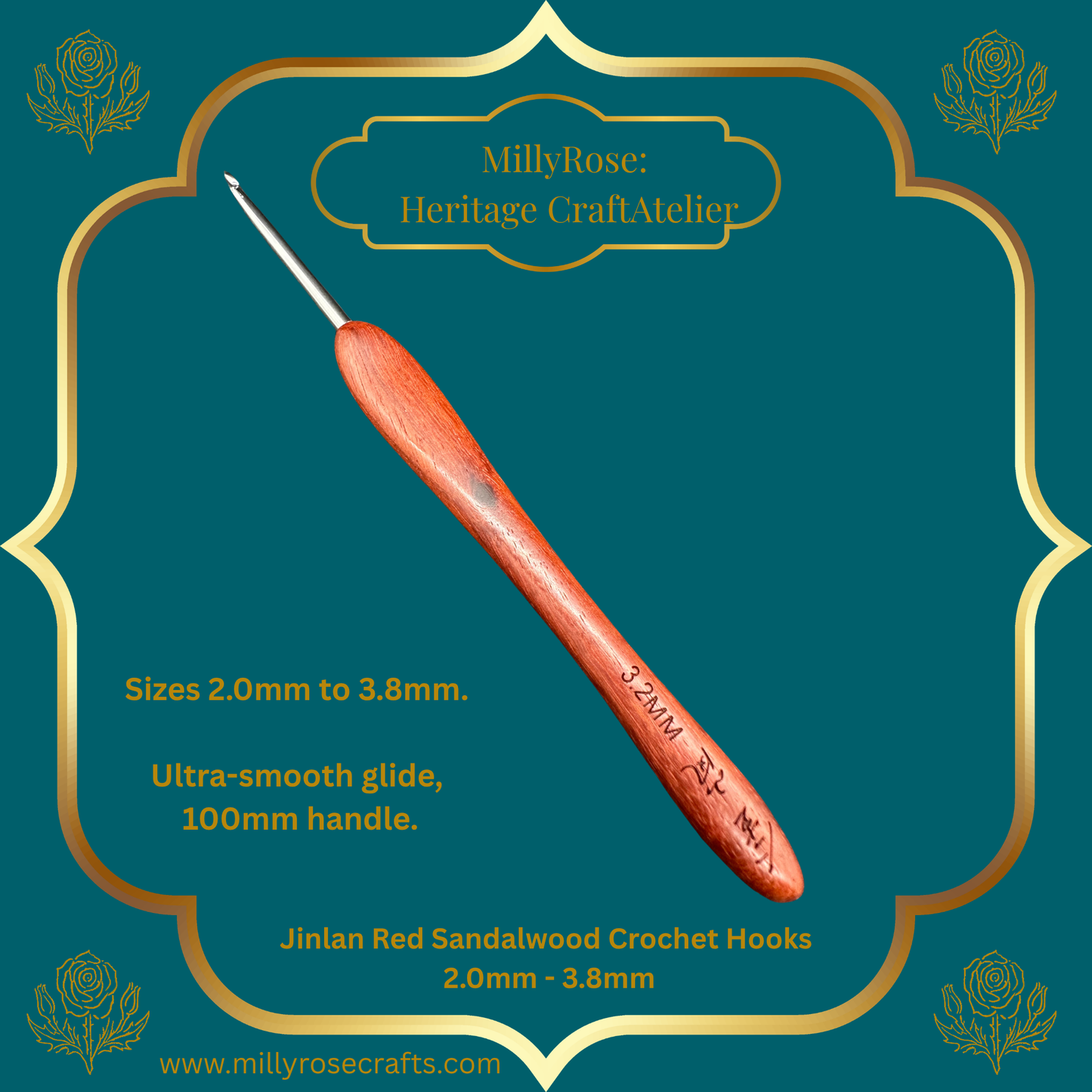 Jinlan Red Sandalwood Crochet Hook, Micro Crochet 2.0mm to 3.8mm High End Ergonomic Crochet Tool, Luxury Handcrafted Lace Hook, Heirloom Fiber Arts Gift, 100mm Handle