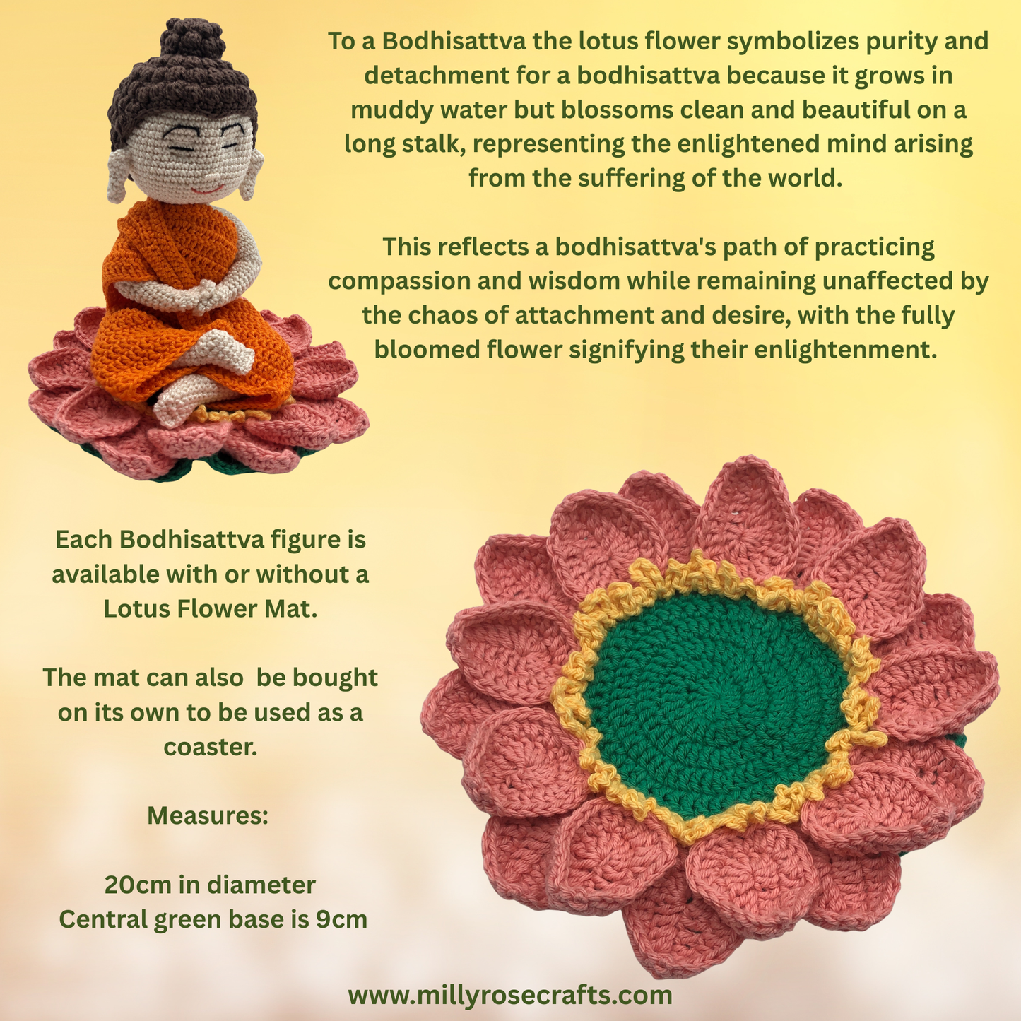 Hand-Crocheted Buddha Bodhisattva Figure Lotus Flower Coaster Peaceful Monk Amigurumi  Meditation & Wellbeing Altar Gift