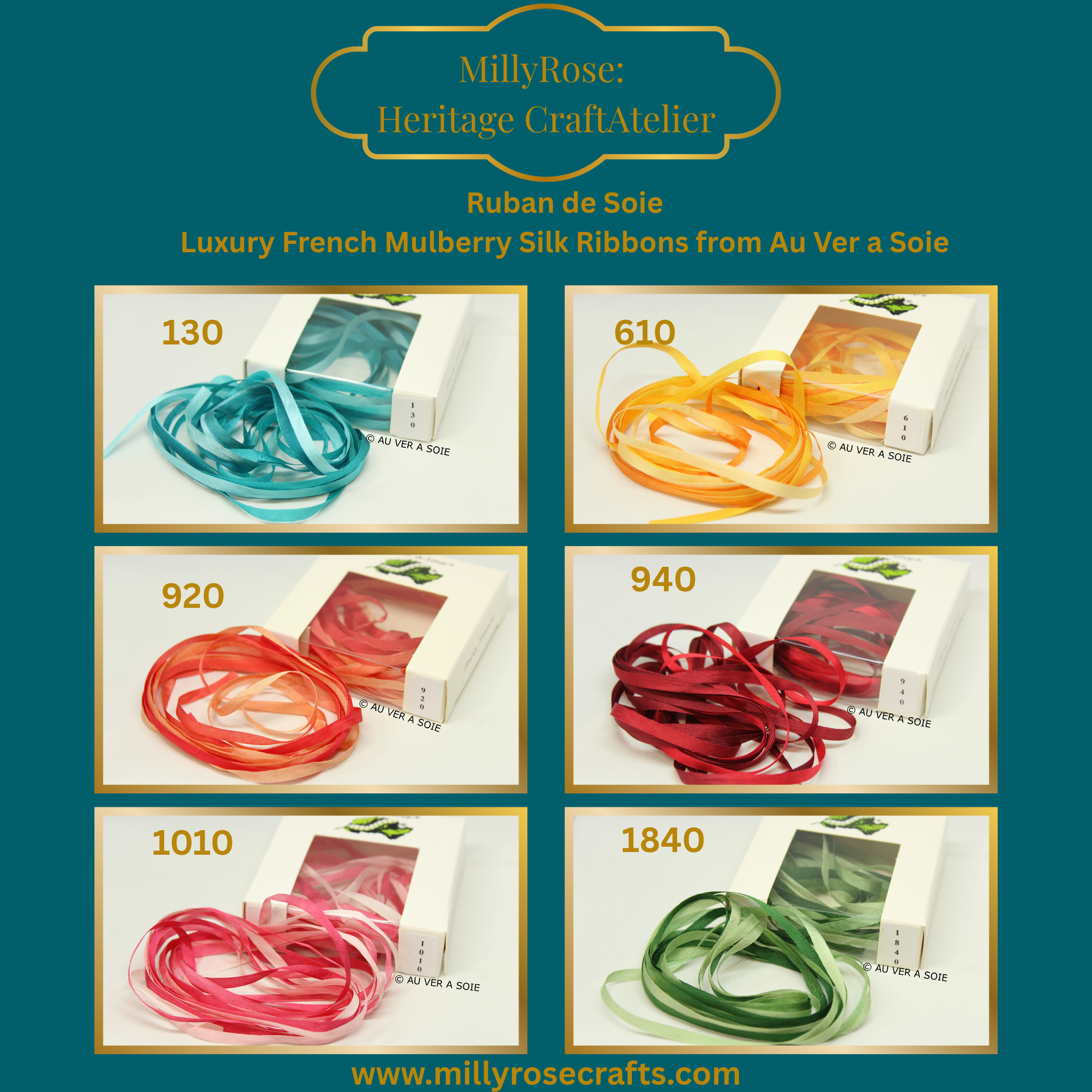 Au Ver à Soie  4mm variegated mulberry silk ribbon 130, 610, 920, 940, 1010, 1840 official swatch 