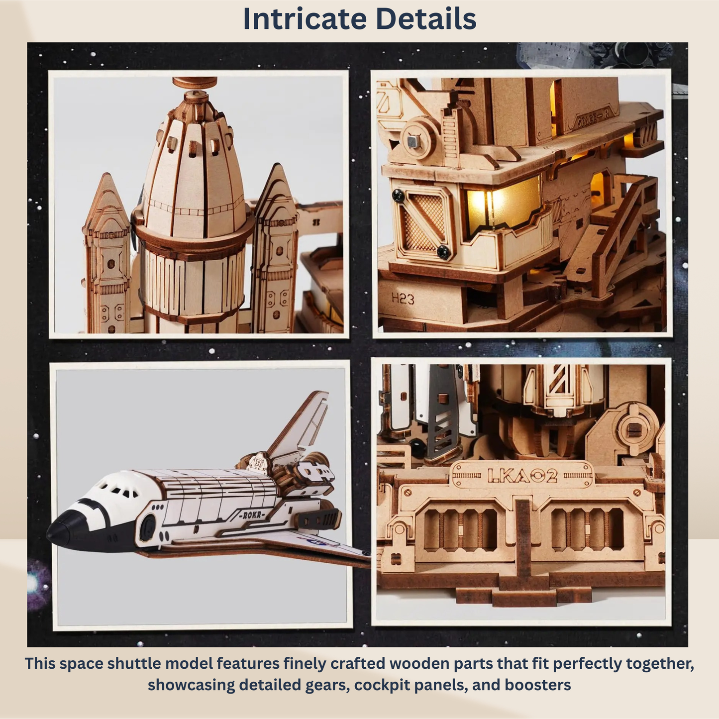 ROKR Space Shuttle 3D Wooden Puzzle Moving Rocket Launch Tower with Lights Mechanical Building STEM Project for Adults Teens Perfect Gift