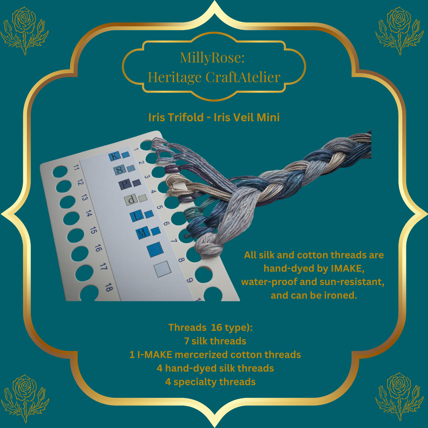 IMAKE Iris Trifold: Iris Veil Mini Luxury Cross Stitch & Mixed Media Needlework Kit Bead & Silk Embroidery