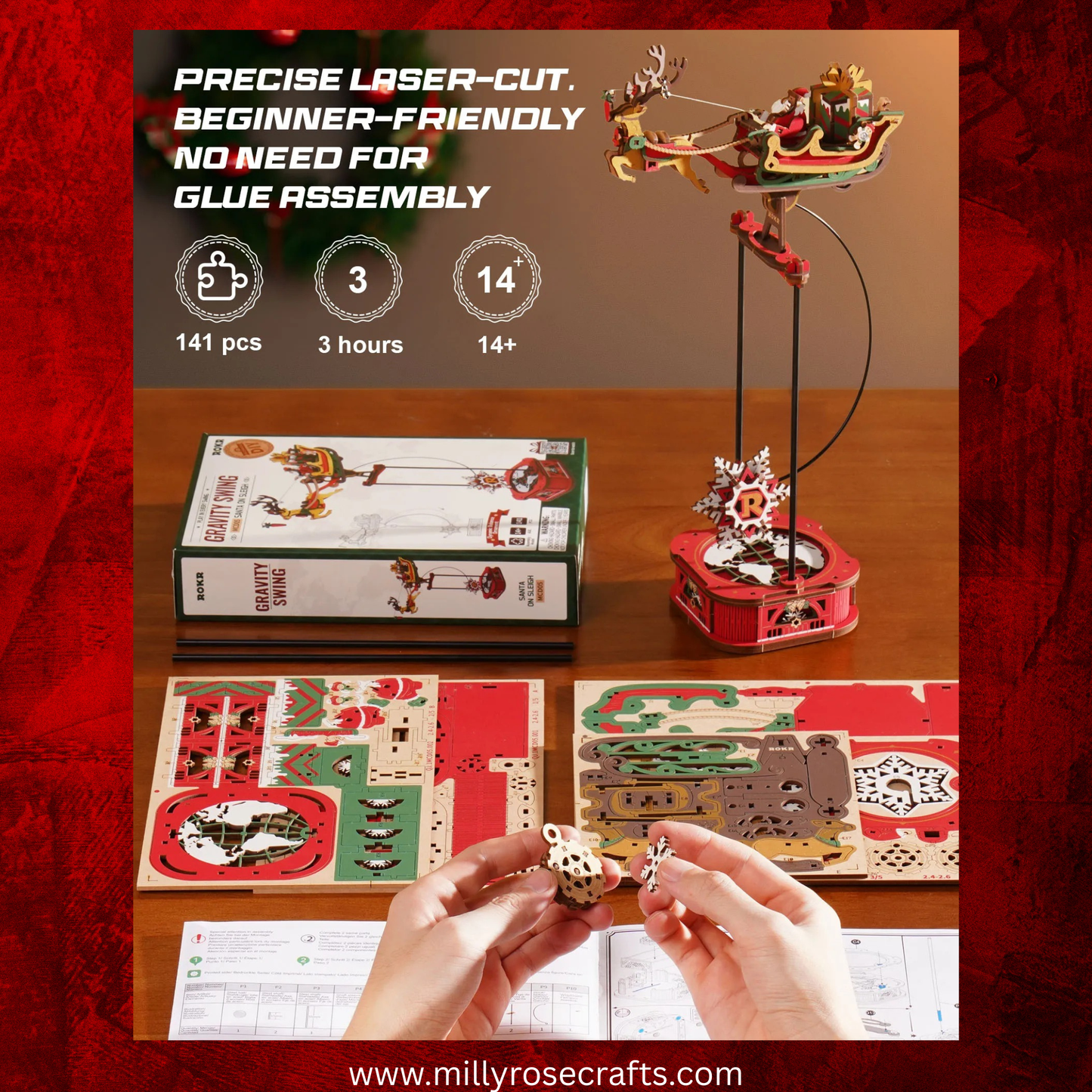 Rokr Santa on Sleigh Gravity Pendulum 3D Wooden Puzzle Perpetual Motion Kinetic Toy Swinging Desk Decor 14+ Stem Unique Christmas Gift