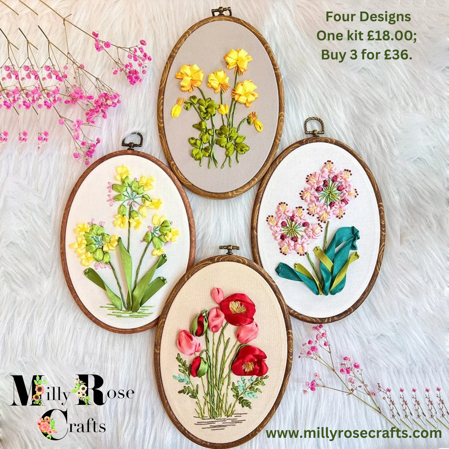 Silk Ribbon Embroidery Kit Oval Frames, Poppies Silk Ribbon Embroidery Alium Primula Buttercups Silk Ribbon Beginner Needlework Craft Adult