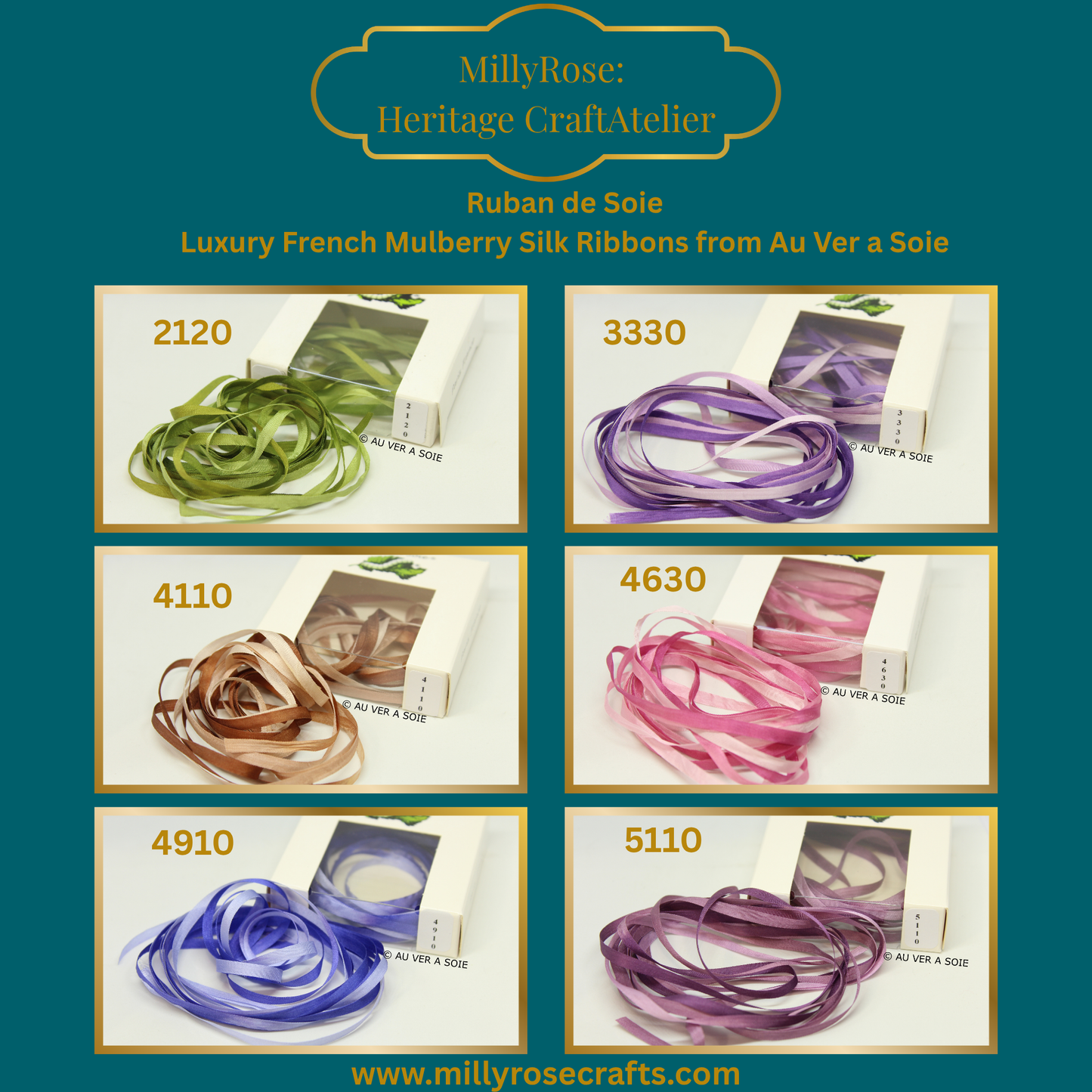 Au Ver à Soie 4mm  variegated mulberry silk ribbon 2120, 3330, 4110, 4630, 4910, 5110  official swatch