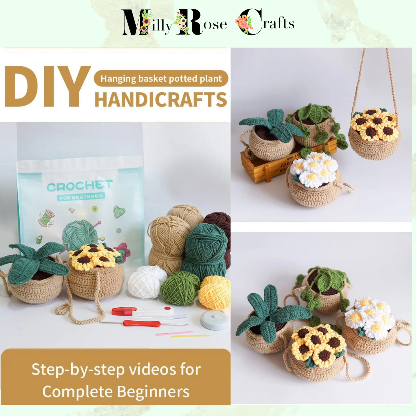 Hanging Plant Crochet Kit  Cacti Beginner Crochet Set Complete Amigurumi Succulent Crochet Set Plant Knitting Kit Pattern Craft Gift Idea