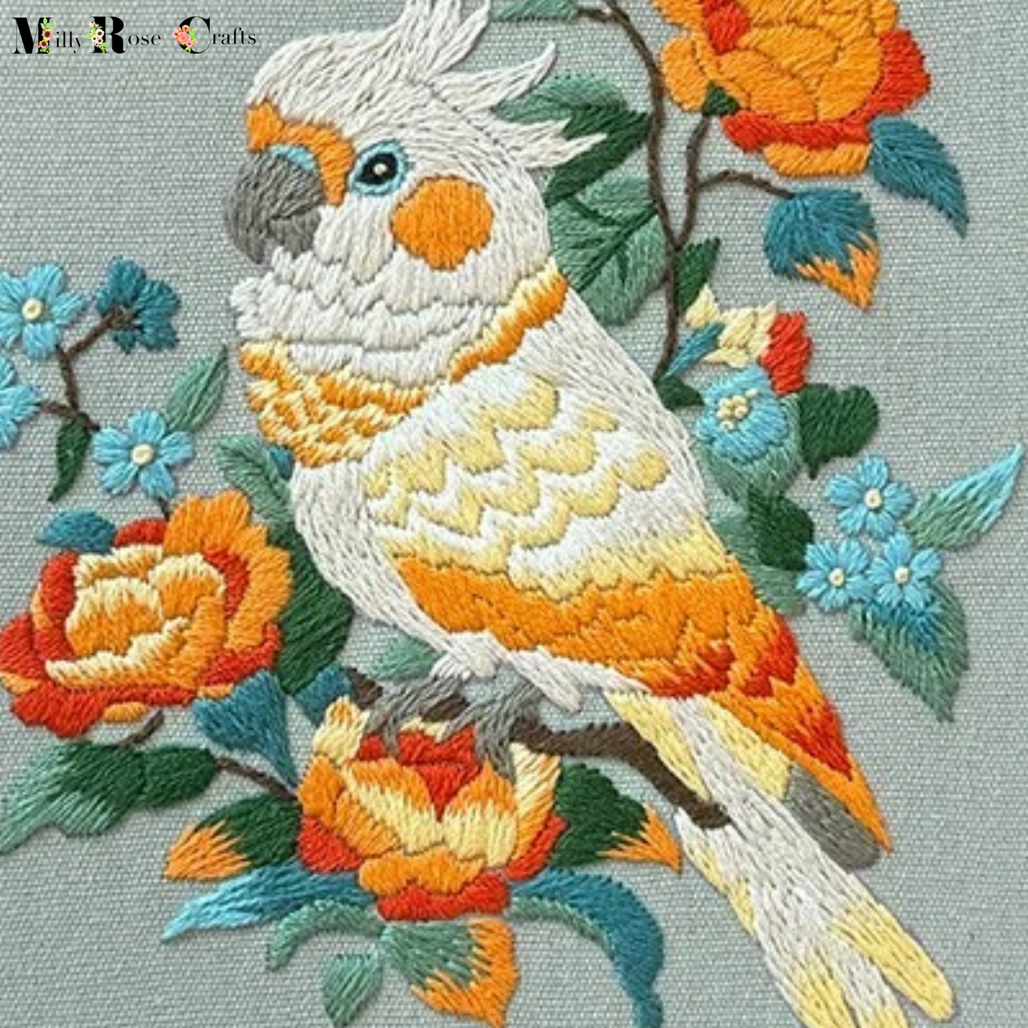 Cockatiel Parakeet Embroidery Kit Parrot Cross Stitch Bird & Flower Embroidery 20cm Hoop English Instruction Complete DIY Embroidery Craft