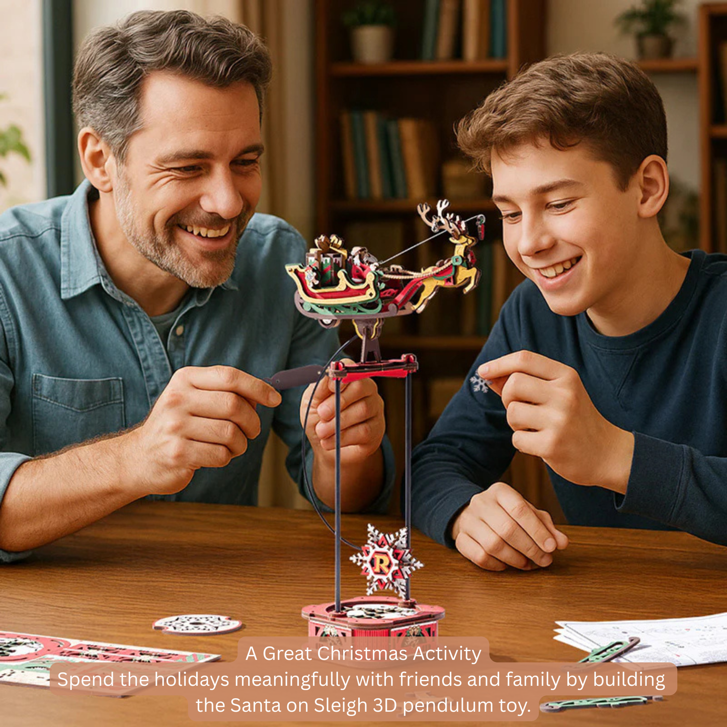 Rokr Santa on Sleigh Gravity Pendulum 3D Wooden Puzzle Perpetual Motion Kinetic Toy Swinging Desk Decor 14+ Stem Unique Christmas Gift