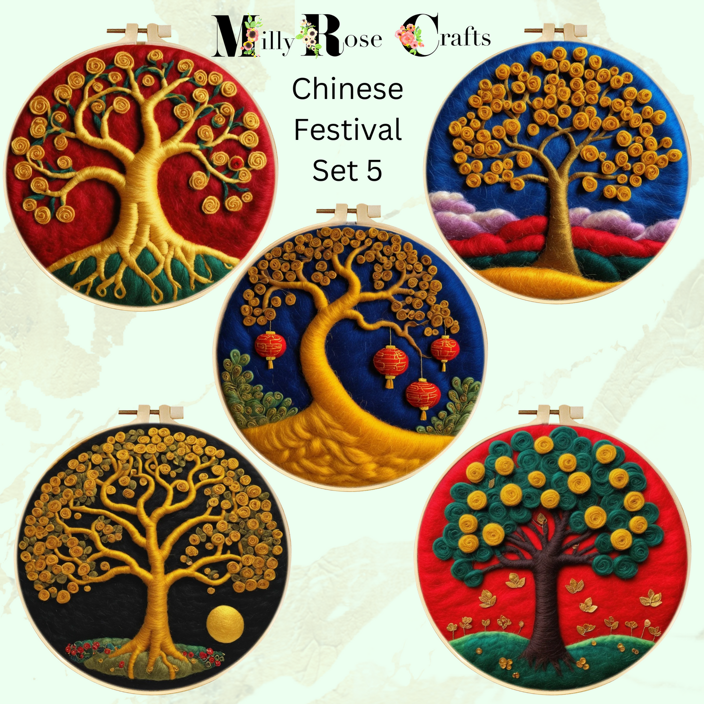 2d Needle Felting Kit, Set 5 of 5 Chinese Festival Theme Golden Tree Wool Painting Kit Adult Beginner Friendly Chinese Lantern Needle Felting Craft Kit