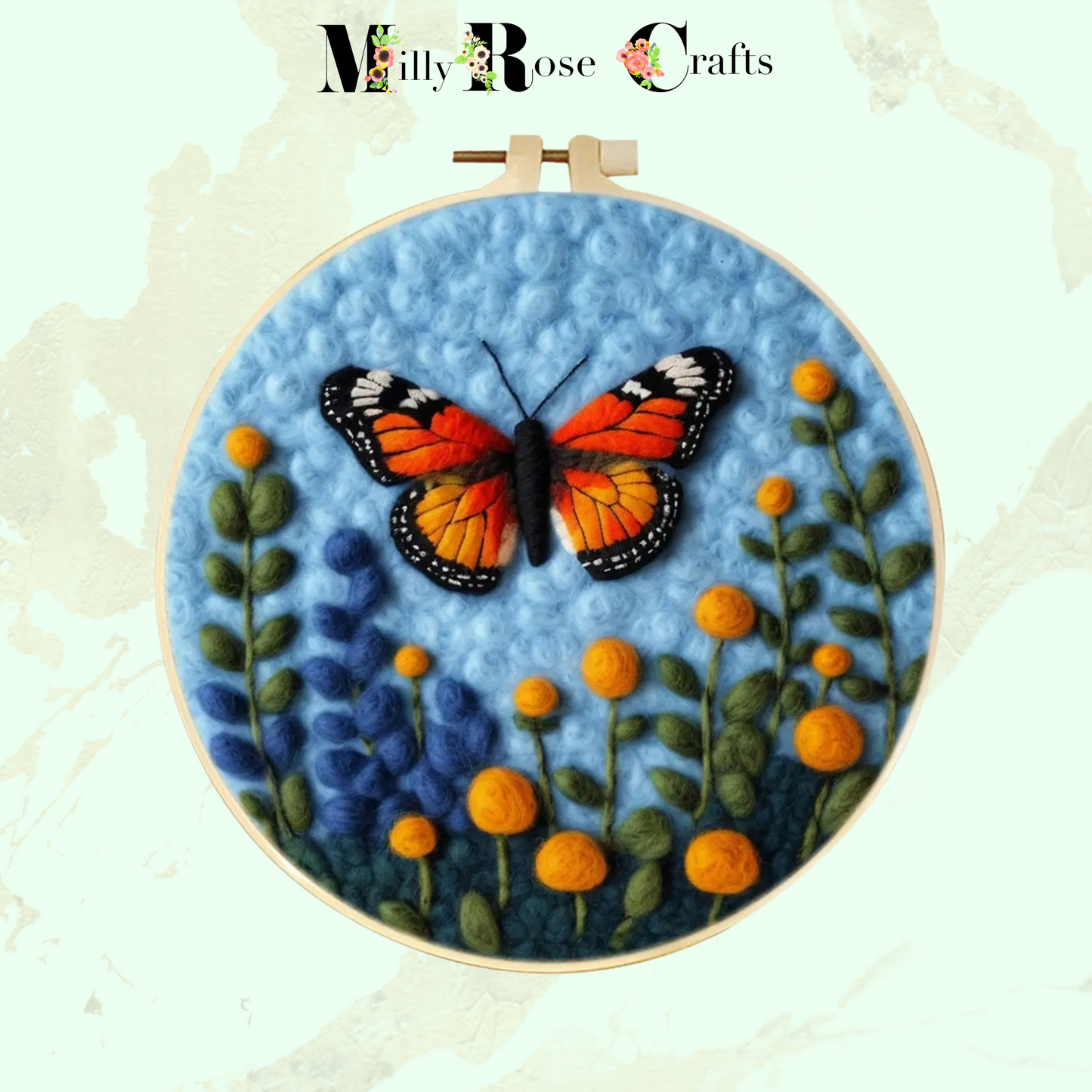 2D Butterfly Needle Felting Kit Adult Beginner Butterfly and Flowers Wool Painting Kit Complete Felting Kit Craft Gift Idea