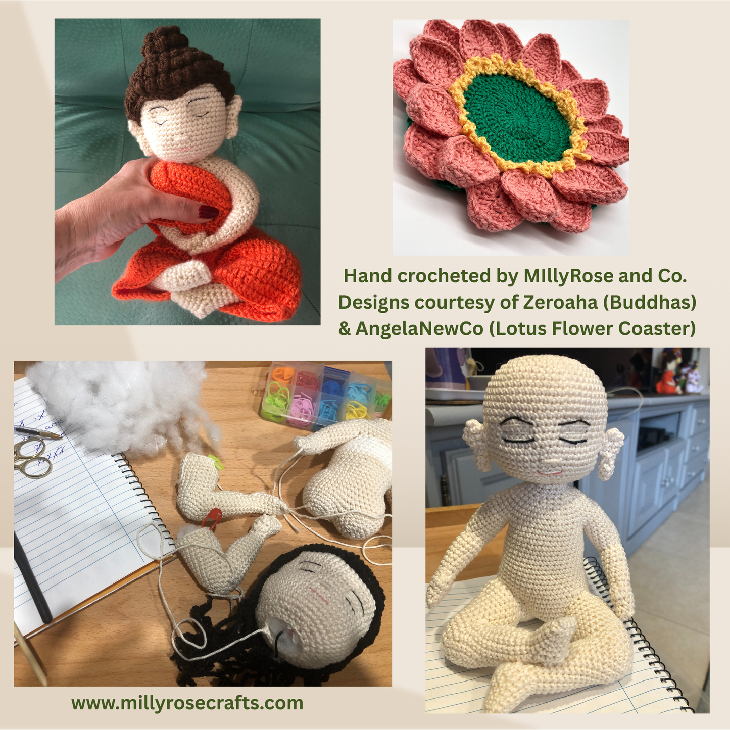 Hand-Crocheted Buddha Bodhisattva Figure Lotus Flower Coaster Peaceful Monk Amigurumi  Meditation & Wellbeing Altar Gift