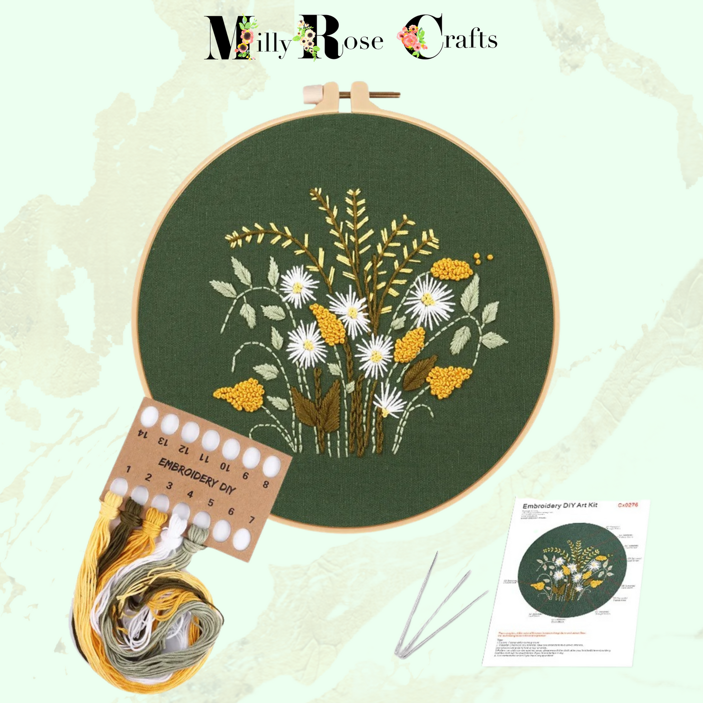 Meadow Flower Embroidery Kits Dandelion Clock DIY Daisy Embroidery kit,20cm hoop and pre-printed cloth, Great craft gift idea